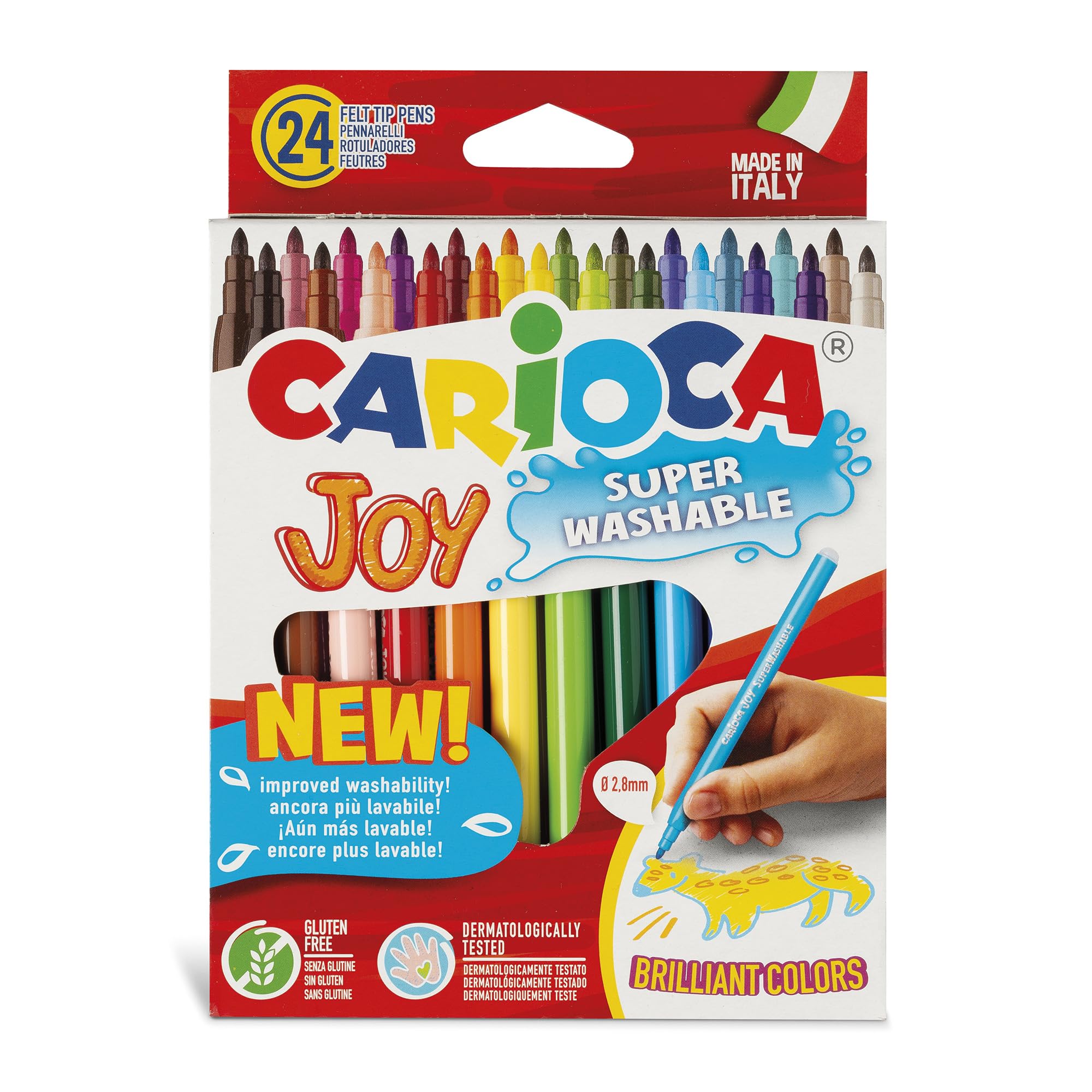 Joy Super Washable Fine Tip Markers – 24 Bright Colours, 2 mm Fine Tip, Non-Toxic Water-Based Ink, Super Washable, Art & School Supplies, Made in Italy