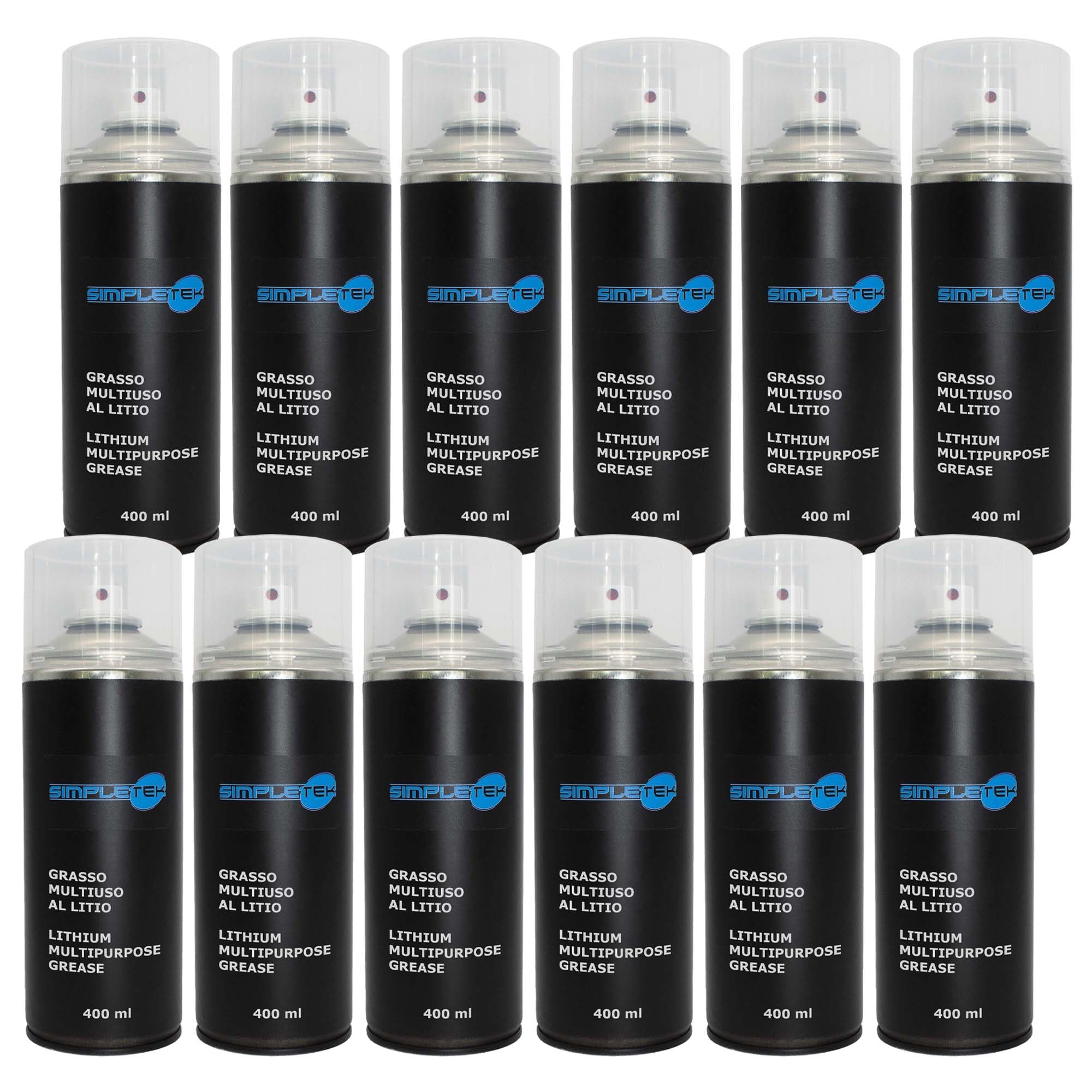 SIMPLETEK - 12 Bombolette Spray Grasso Multiuso al Litio 400 ml Idrorepellente Lubrificante Perni Protezione Professionale Tecnico (12 pezzi)