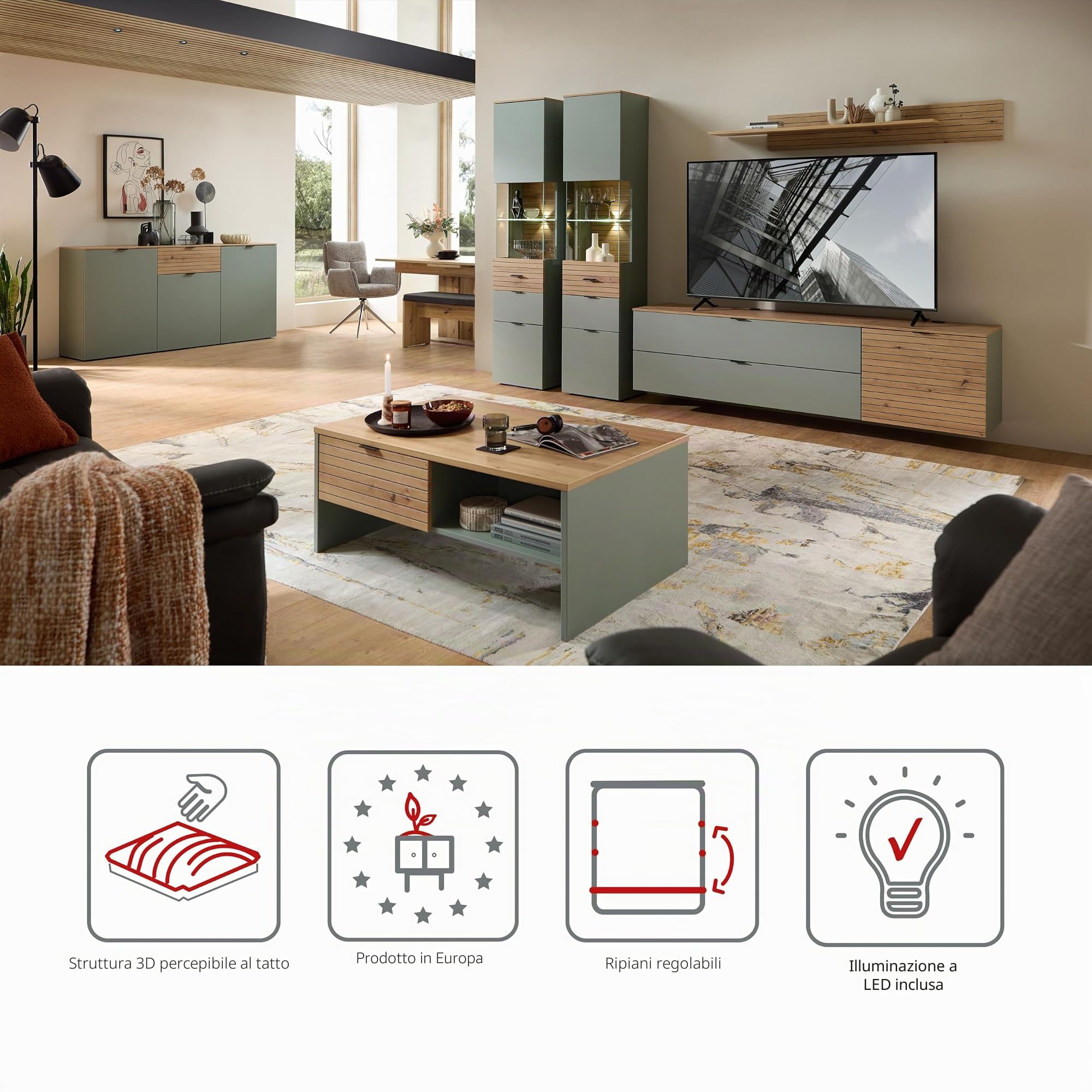 Stella Trading INA - Set completo da parete in verde canna, effetto rovere artisano, certificato FSC, 5 pezzi, con illuminazione a LED per il vostro soggiorno, 320 x 200 x 44 cm (larghezza x altezza x