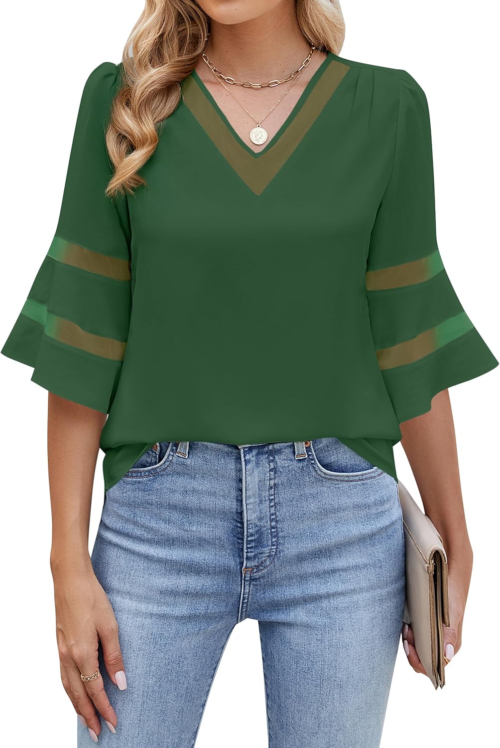 Blooming Jelly Womens Dressy Casual Blouses Business 3/4 Length Sleeve Tops Mesh V Neck Work Shirts Summer Outfits 2025