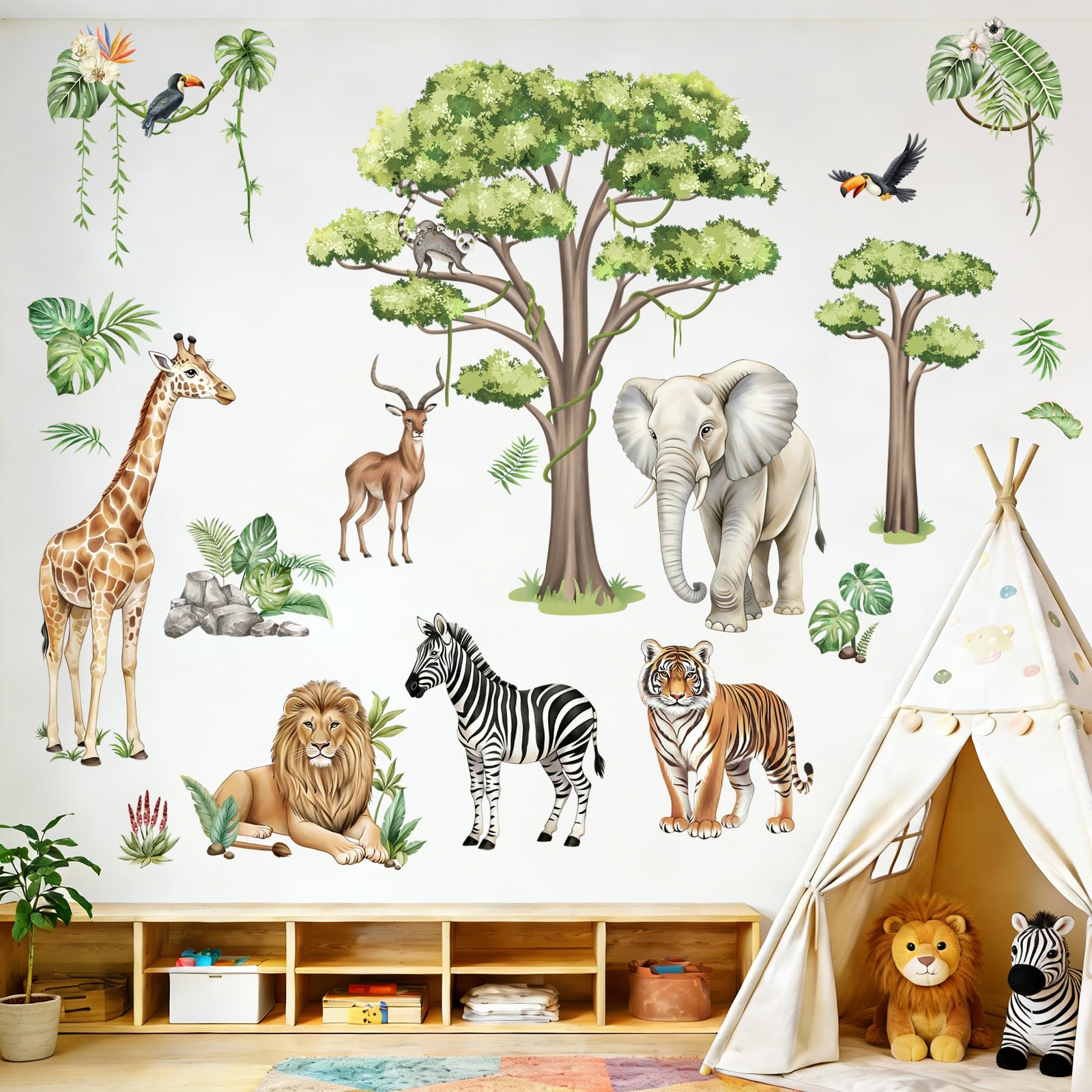 Jungle Safari Animal Wall Decals - Wildlife Wall Stickers Giraffe Lion Zebra Elephant Tiger Removable Wall Art Sticker for Baby Nursery Kids Room Decor