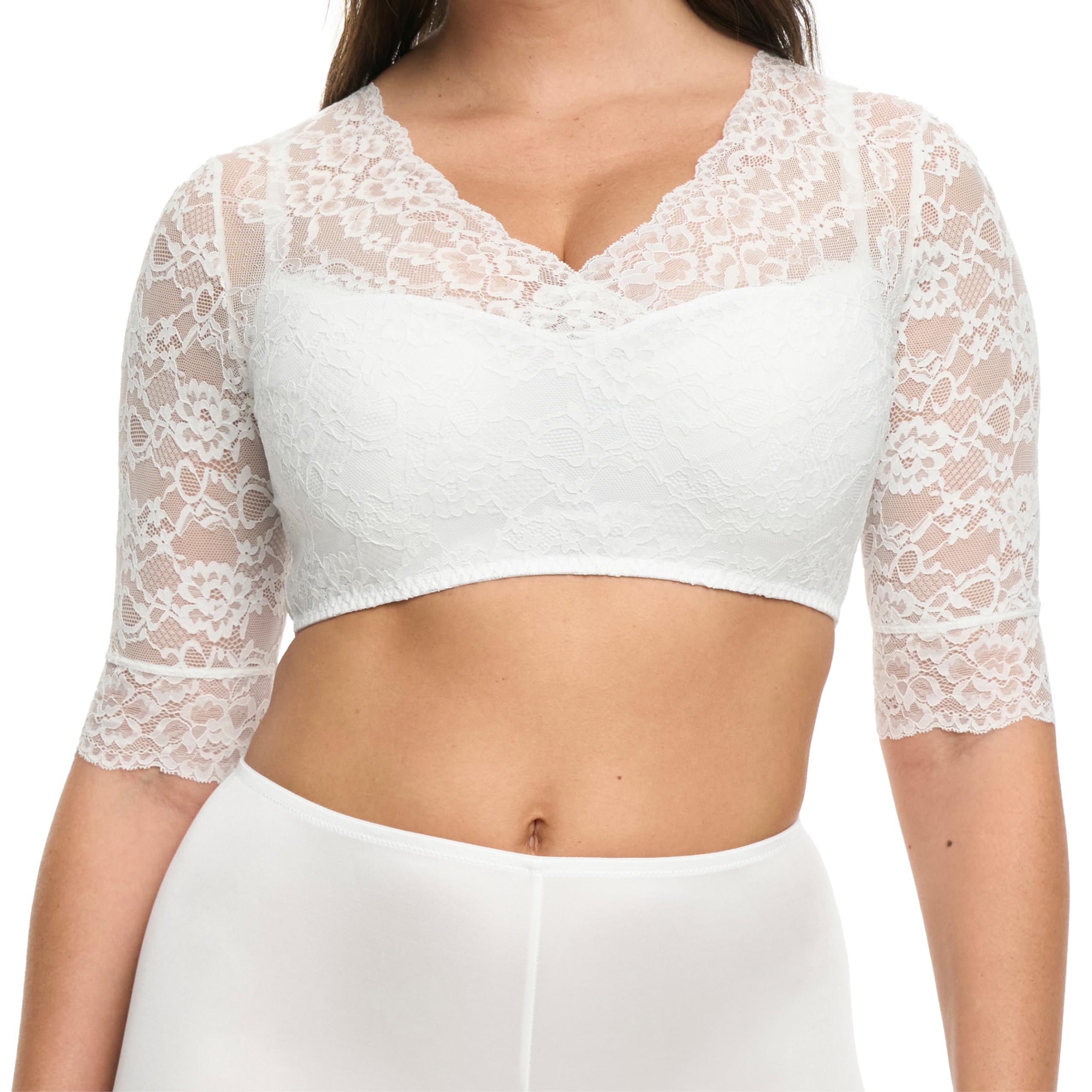 Susa Wiesn-Zauber Dirndl blouse dames vleugelarm I moderne klederdrachtblouse dames met chique kant I ivoor I maat 34, ivoor, 34