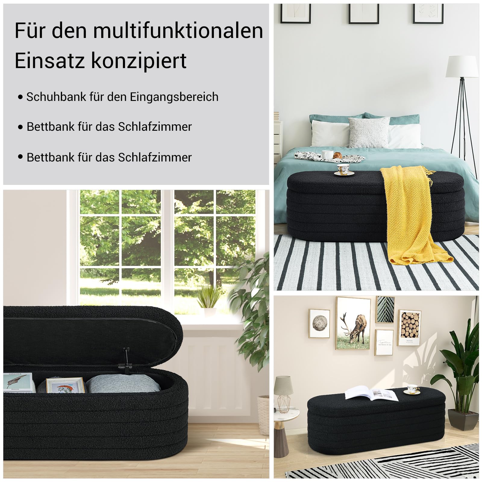 Sitzhocker mit Stauraum, Teddystoff Bank mit Stauraum，Moderner Sitzbank Schlafzimmer, Polsterbank für Wohnzimmer, Flur (Schwarz 117x41,5x40 cm)