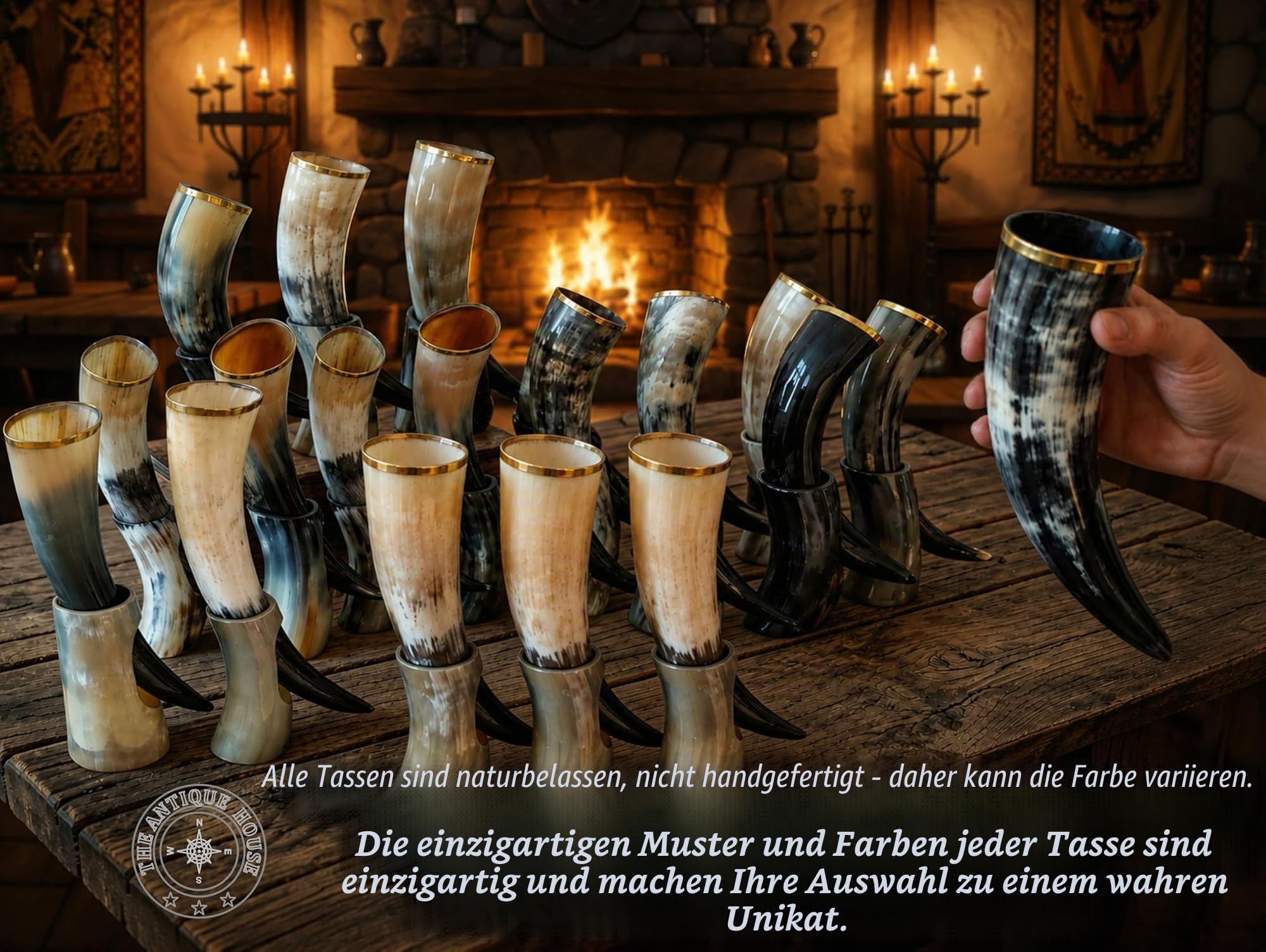 THE ANTIQUE HOUSE Set mit zwei Ochsenhorn, Trinkhorn mit Ständer, Wikinger-Stil, Bier-, Wein-, Met-Tasse, Hochzeitsgeschenk