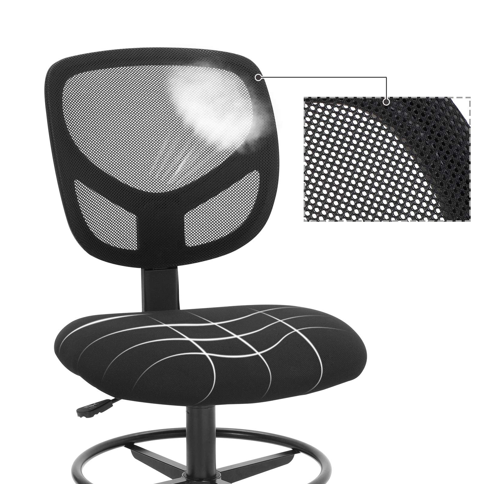 SONGMICS Tabouret avec Repose-Pieds Circulaire, Hauteur réglable, Siège Ergonomique Rotatif, Fauteuil de Bureau sans accoudoirs, Revêtement en Tissu, Charge 120 kg, Noir OBN15BK
