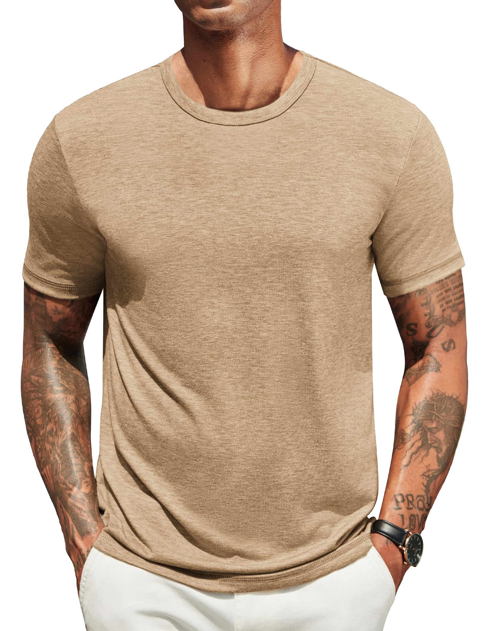 COOFANDY Men's T Shirts Short Sleeve Soft Crew Neck Tee Shirts Casual Summer Basic Tops, Light Khaki, XL