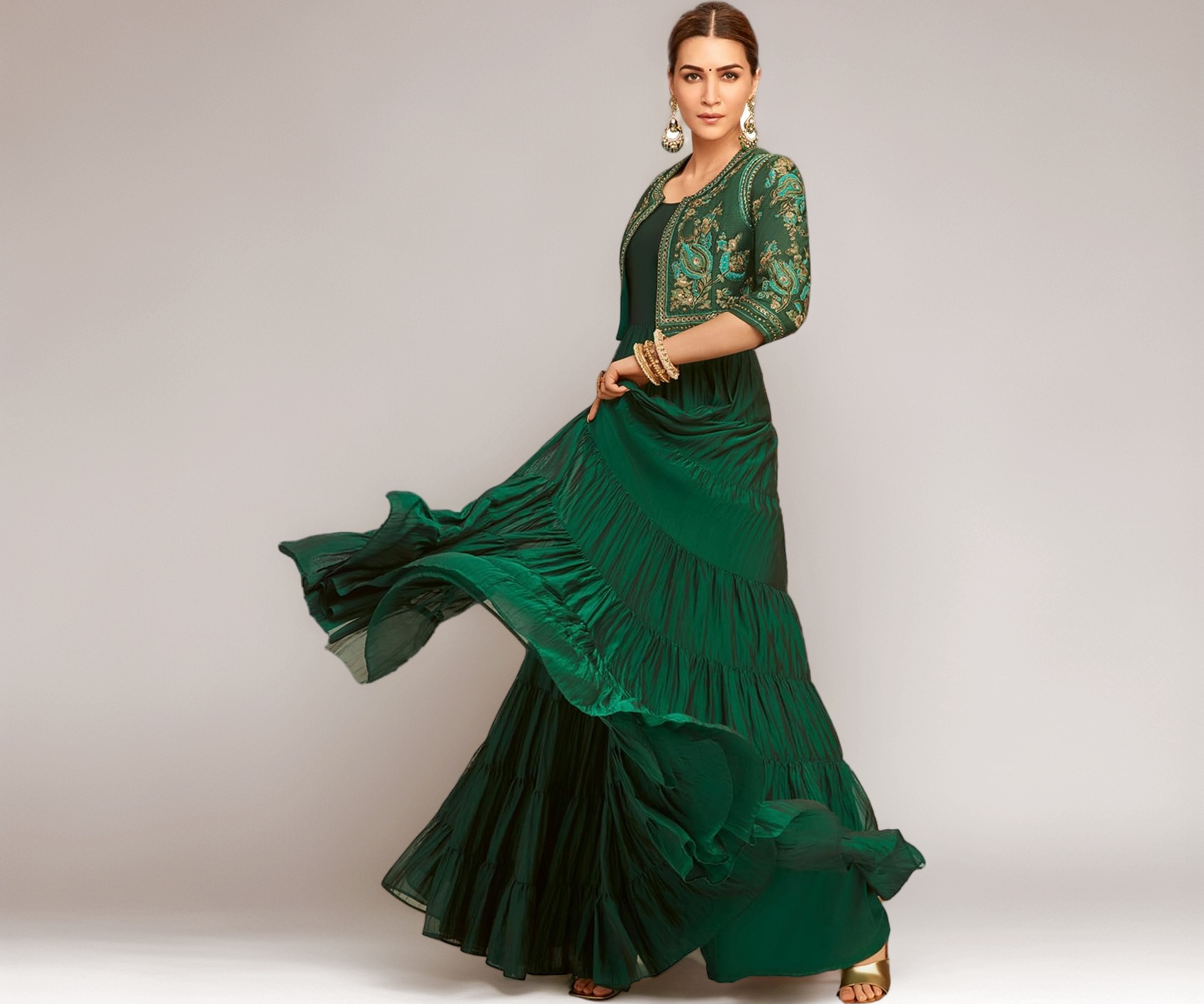 Buy BIBA Emerald Green Silk Festive Tiered Anarkali Dress at