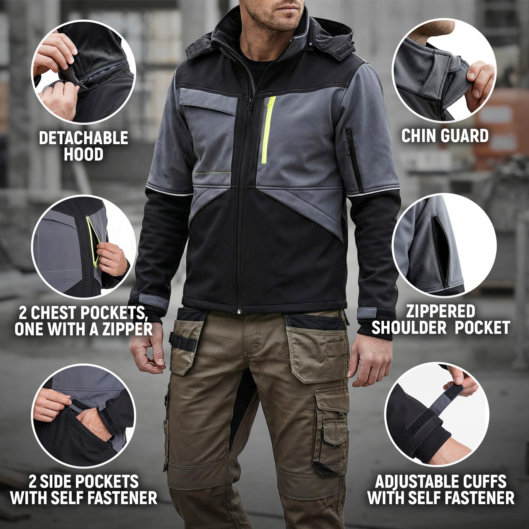 Stenso Prisma Veste de Travail Homme Softshell Étanche avec Capuche Amovible - Veste Randonnée Homme Stretch avec Poche Poitrine Cachée, Poches Latérales Scratch, Fermeture Poignets