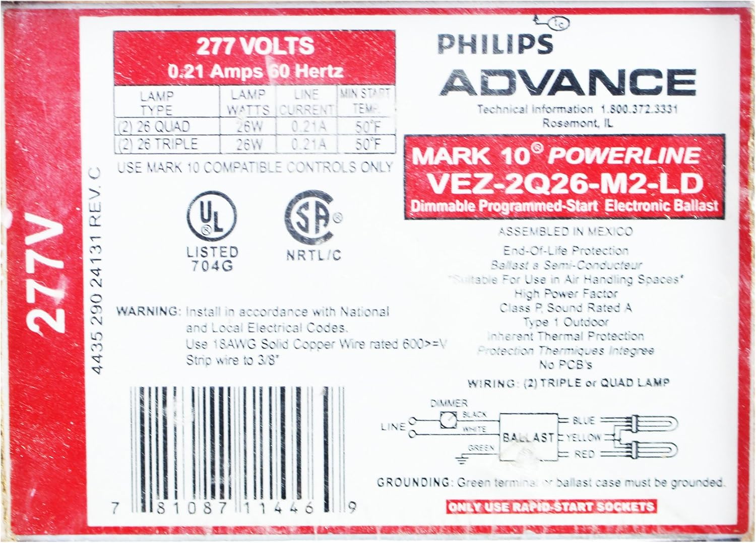 Advance VEZ-2Q26-M2-LD Mark7 Programmed Dimming Ballast, 2-Lamp, CFL, 26W, 277V