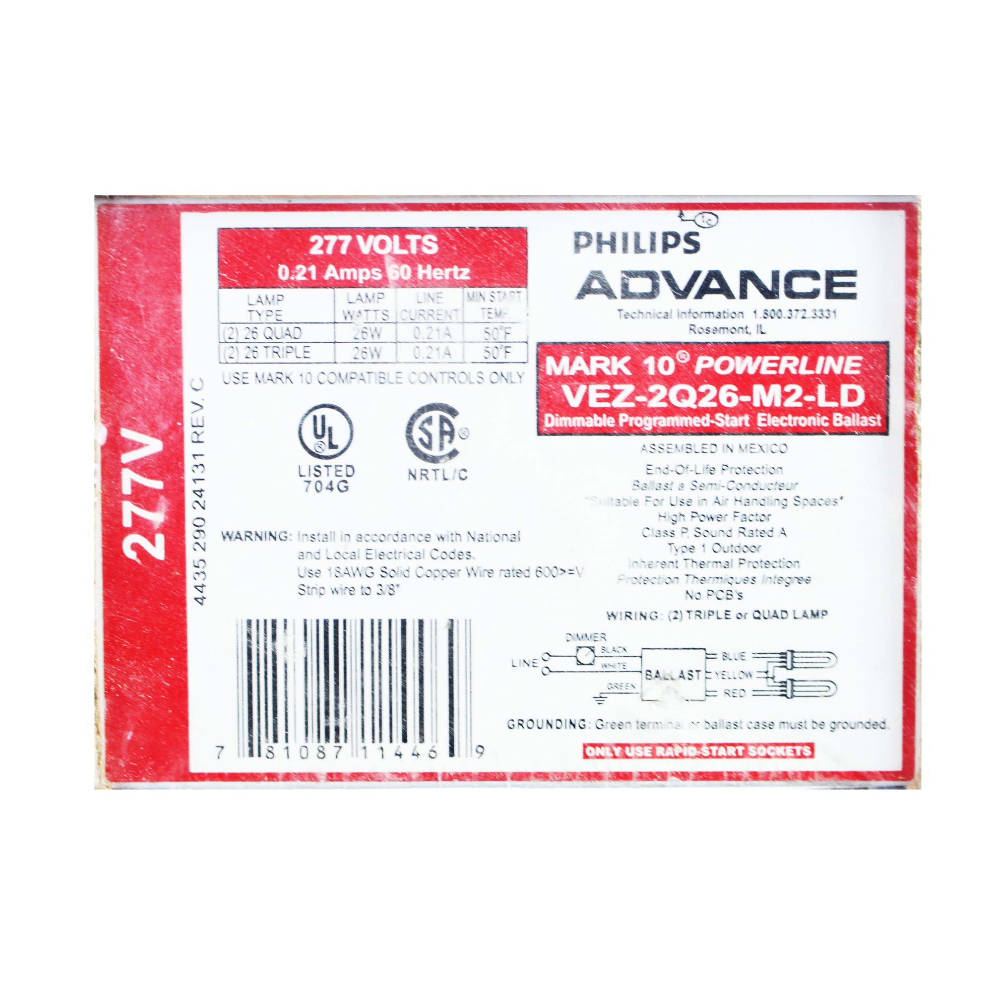 Advance VEZ-2Q26-M2-LD Mark7 Programmed Dimming Ballast, 2-Lamp, CFL, 26W, 277V