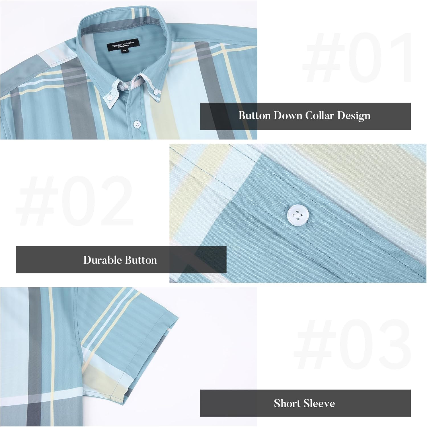 WARHORSEE Men's Plaid Button Down Shirts Short Sleeve 4-Way Stretch Dress Shirts for Men Business Casual Shirts