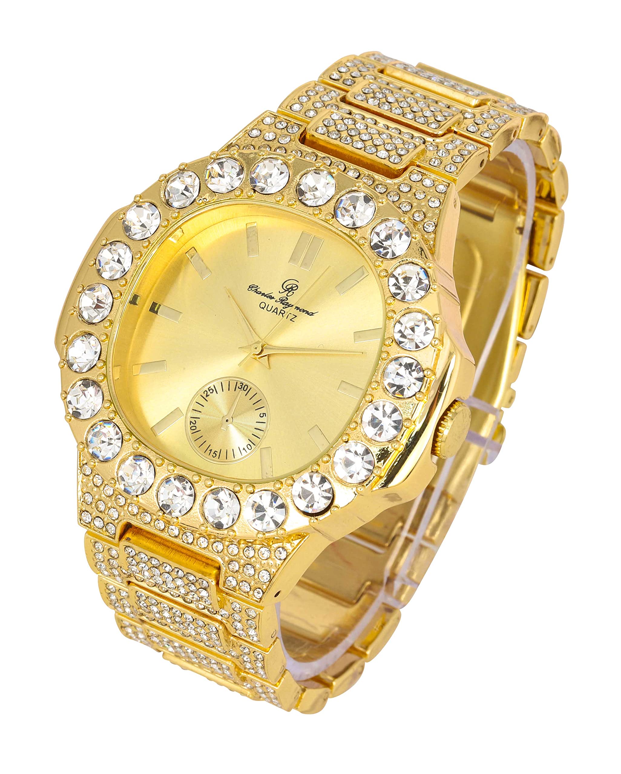 Charles Raymond Bling-ed Out Oblong Metal Mens Color on Blast Watch - 8475Color (ST10316 Gold Big Rocks)