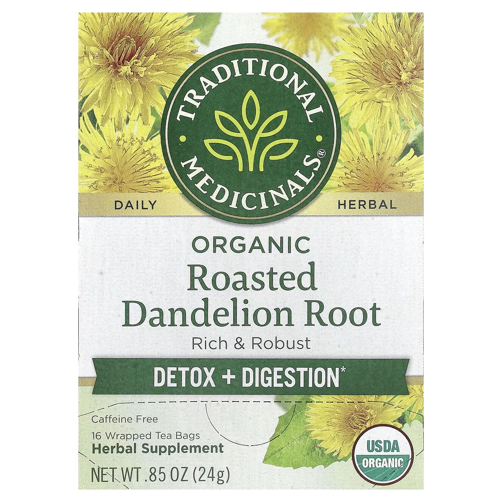 Traditional Medicinals Organic, Roasted, Dandelion Root Tea - Supports Normal Detox + Digestion - Kosher, Non-GMO, Caffeine-Free, Compostable - 16 Tea Bags