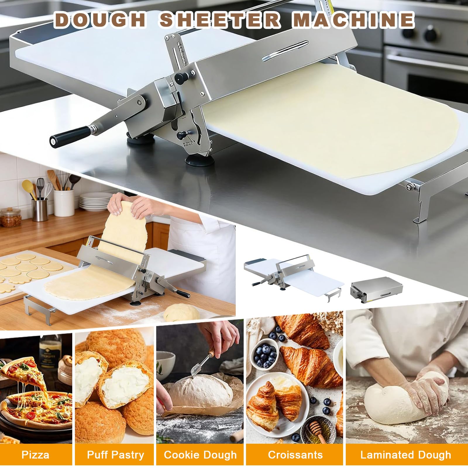Laminoir Pate Feuilletée Professionnel avec Poignée Laminoir à Pâte Pliable Manuel avec épaisseur Réglable 0-25 mm Laminoir Pâtisserie en Acier Inoxydable pour Pizza Croissant Commercial Domestique