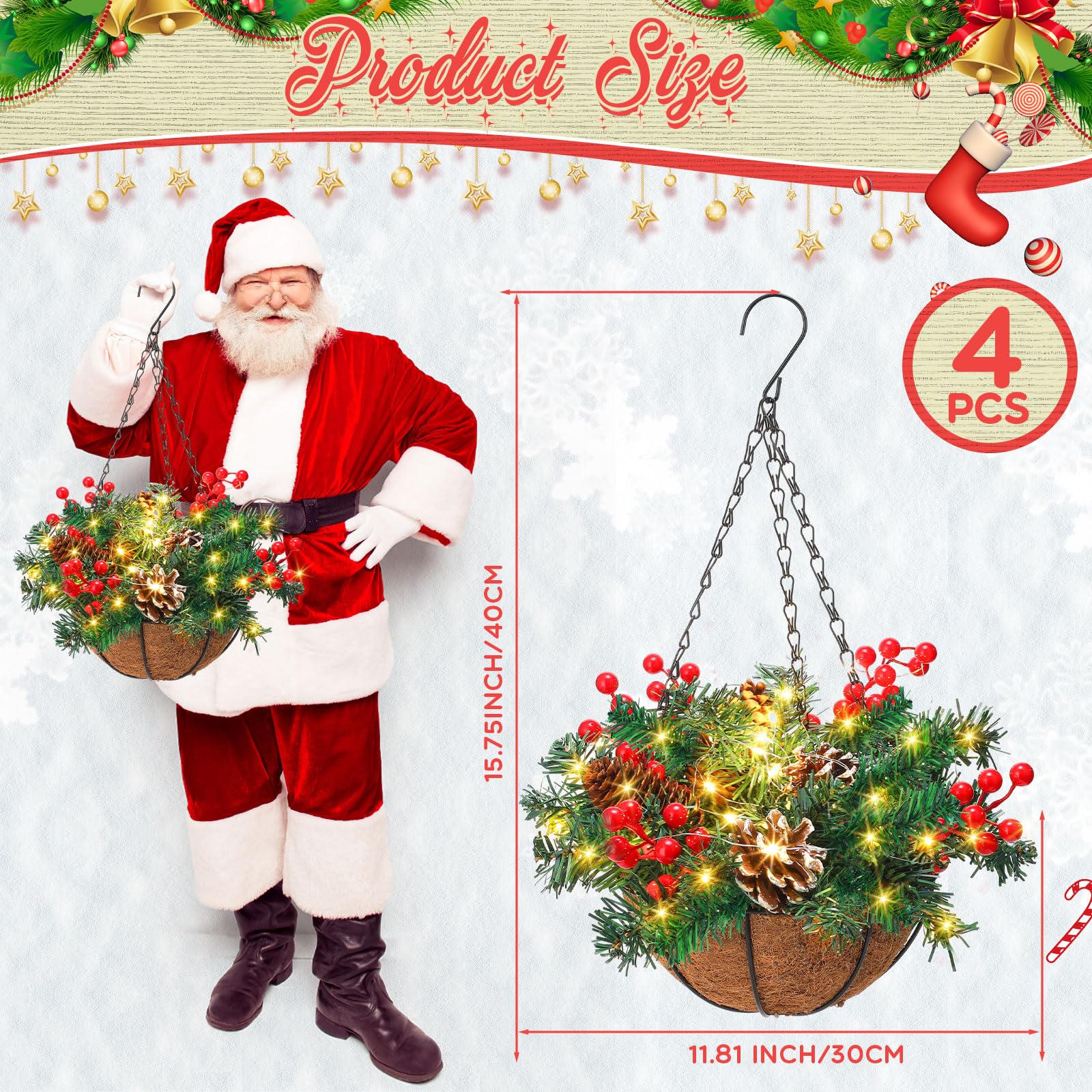 4 cestas colgantes artificiales de Navidad preiluminadas de pino iluminado, decoración colgante artificial de Navidad con conos de pino esmerilados, racimos de bayas, luces LED para patio al
