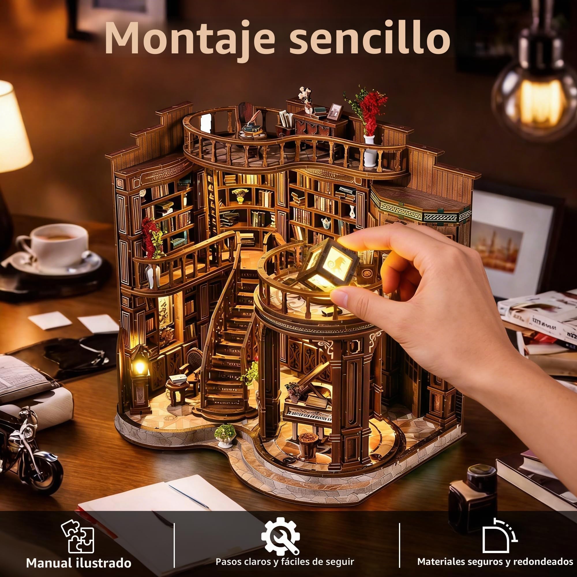 Book Nook Kit para Adultos - CRIOLPO DIY Casa en Miniatura Puzzle de Madera 3D Casa de Muñecas - Sujetalibros para estantería Decoración con Luz Led Regalo Creativo para Lectores
