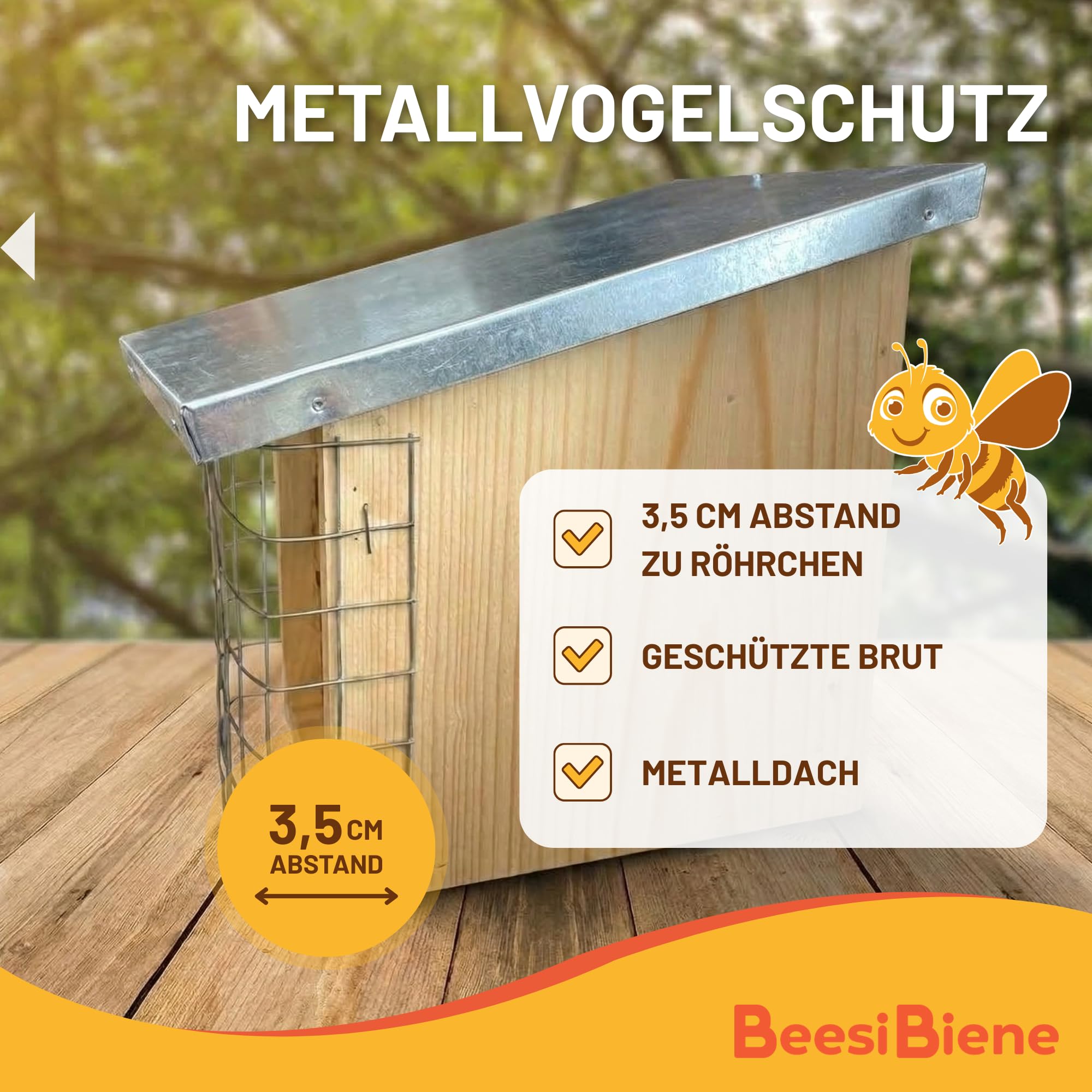 BEESI Bienenhotel mit Metalldach & Schutzgitter - Insektenhaus für Solitärbienen aus Bambus & Schilf (4-8mm)