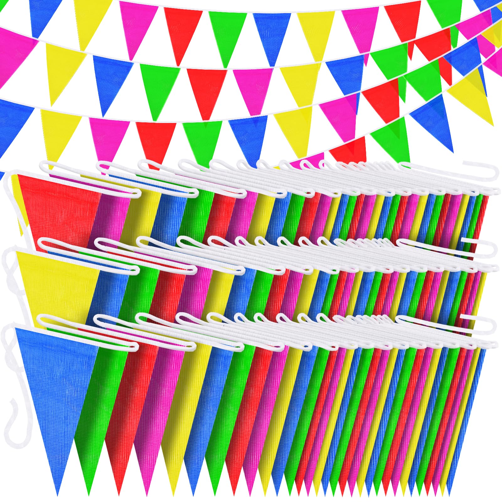3-Pack 450 Pcs 787Ft Durable Nylon Pennant Banner Flags Rainbow Garland Bunting for Weddings, Easter, Birthdays, Back-to-School Safty Warning & Outdoor Party Decor, Campus Events,Photo Backdrops