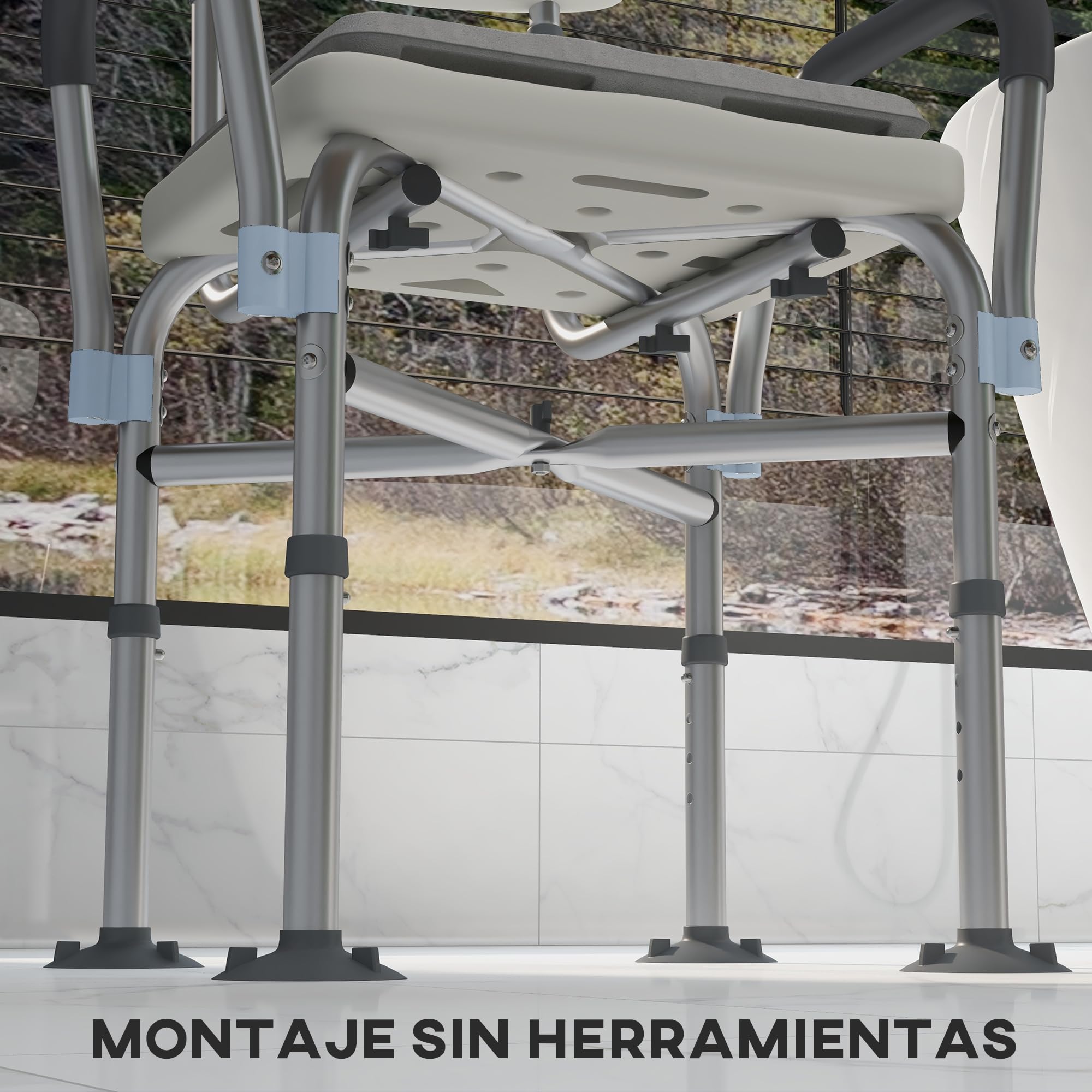 HOMCOM Silla Ducha Personas Mayores con Respaldo Antideslizante 136 kg | Silla de Ducha, Reposabrazos, Altura Ajustable, Cojín Acolchado Extraíble, para Ancianos y Discapacitados