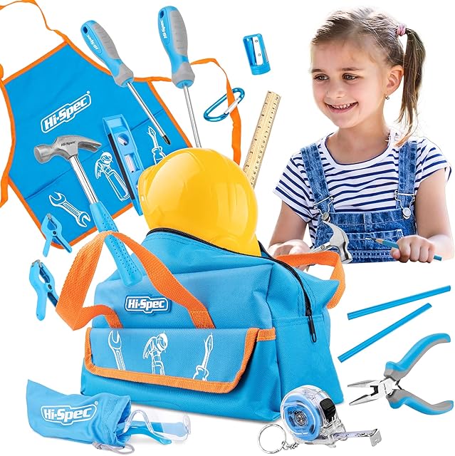 Hi-Spec 18pc Blue Kids Tool Kit Set with Childrens Tool Bag. Real Metal Educational Construction, Not Toys, Tools for Boys & Girls. Includes Costume Work Apron & Play Hat
