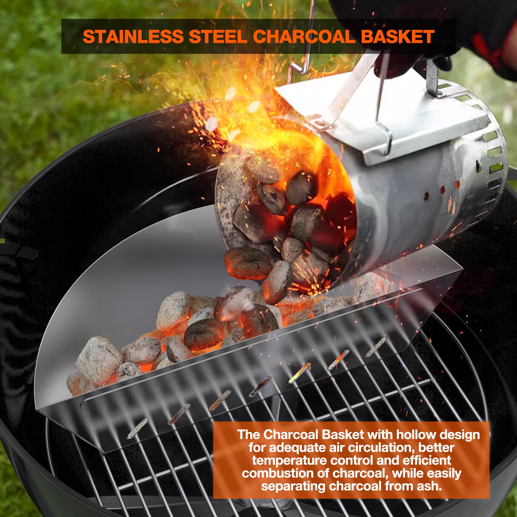 Onlyfire Cesta de Acero Inoxidable para Carbón, Briqueta de Carbón de Leña/Soporte de Combustible de Carbón para Parrilla de Carbón Weber 57/67 cm