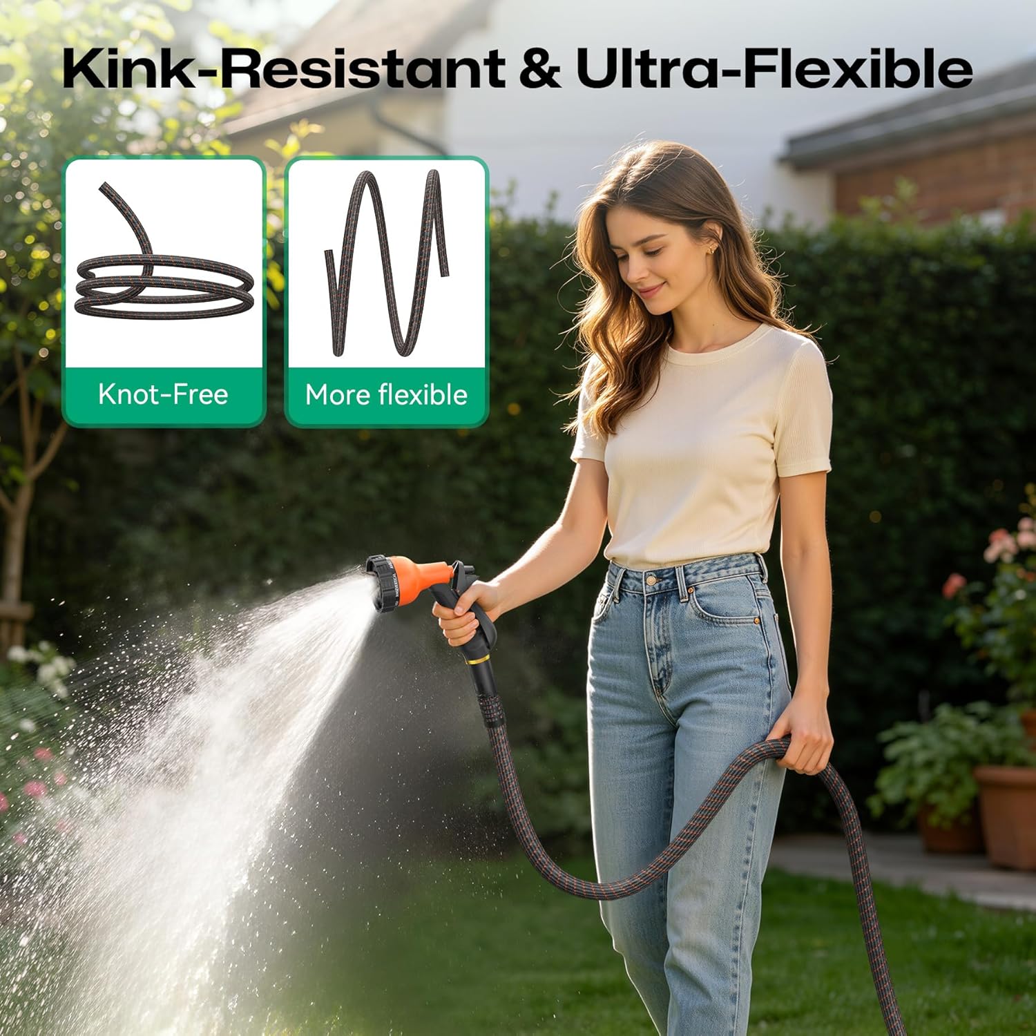 Garden Hose 25ft NON-EXPANDABLE Water Hose, 3-Layer Lightweight Nylon Braided Hose for Yard, Car Wash & Pet Shower, 600 PSI Burst Heavy Duty Kink-Free with 10-Way Nozzle & 3/4" Brass Fittings