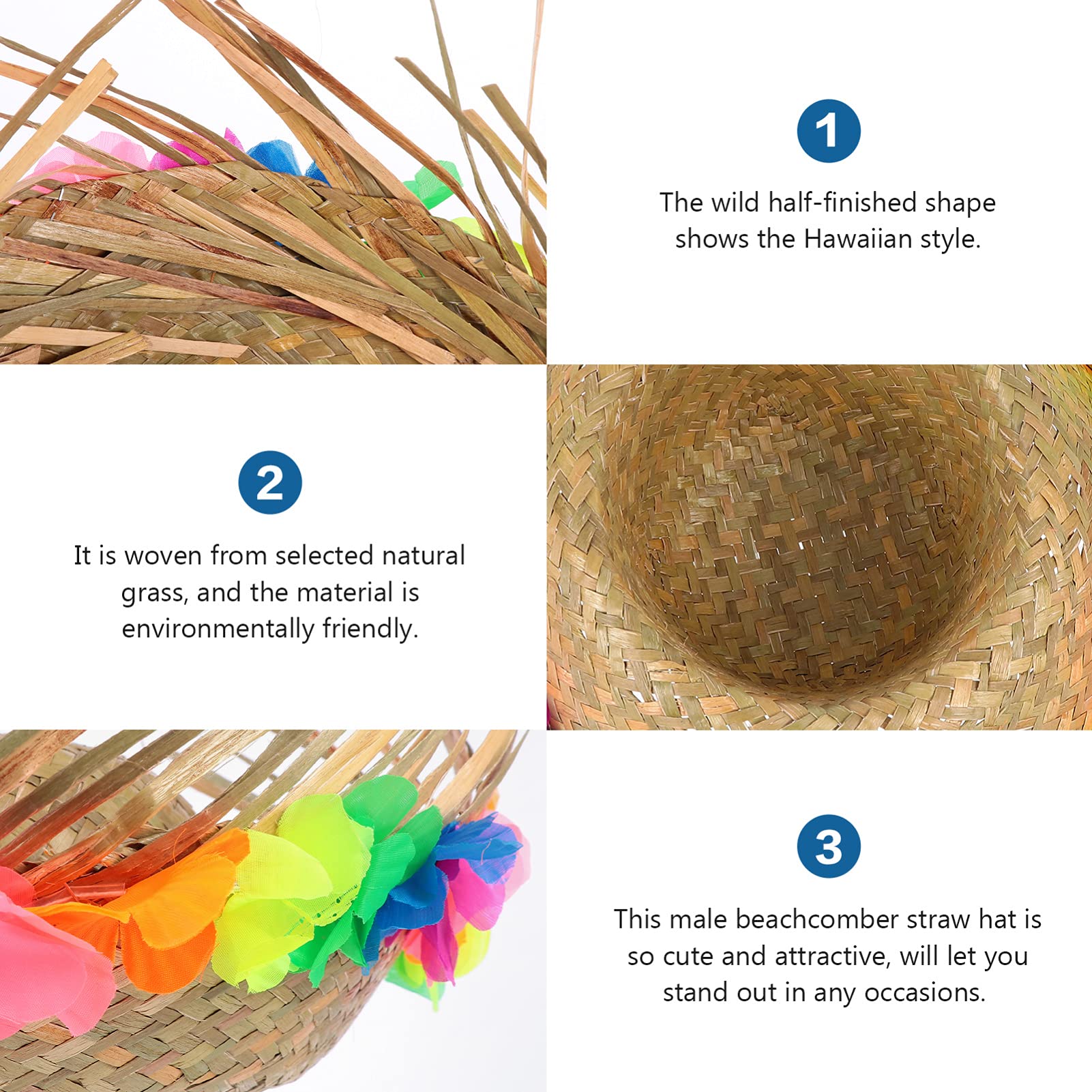 NOLITOY Sombreros hawaianos de paja para adultos, divertido sombrero de fiesta con ribete floral, suministros de fantasía hawaianos para fiestas de verano, disfraces, accesorios de decoración