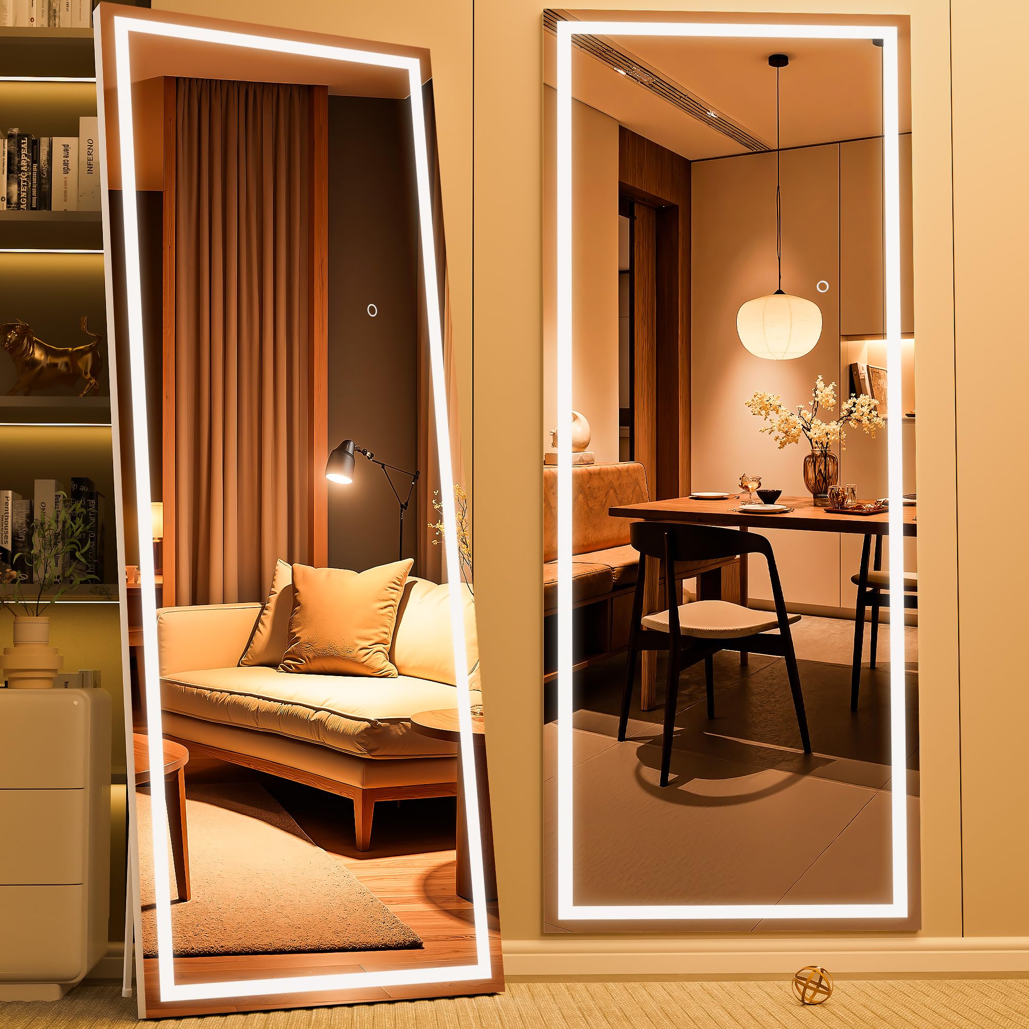 WINNICE Full Length Mirror with Lights, 180 x 60cm LED Lighted Floor Standing Body Mirror, Dimmable & 3 Color Lighting Cloakroom, Dressing Room, Tempered Glass