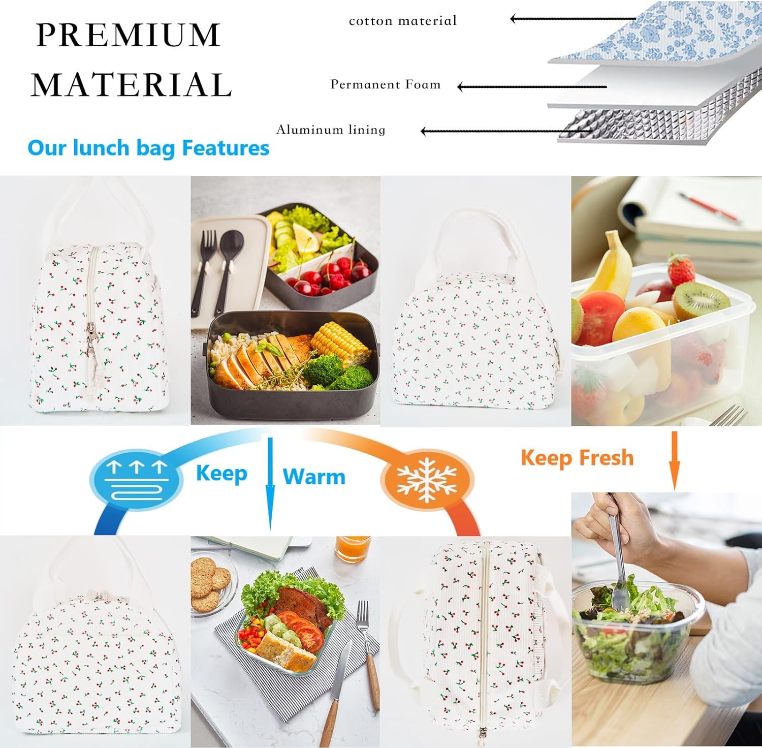 Lunch Box for Women,cute lunch bag,floral lunch box,large Reusable Insulated Large Capacity Cooler Bag for Adult,blue Aesthetic flower Corduroy Lunch Tote for Work Office (white Cherry) - Image 3