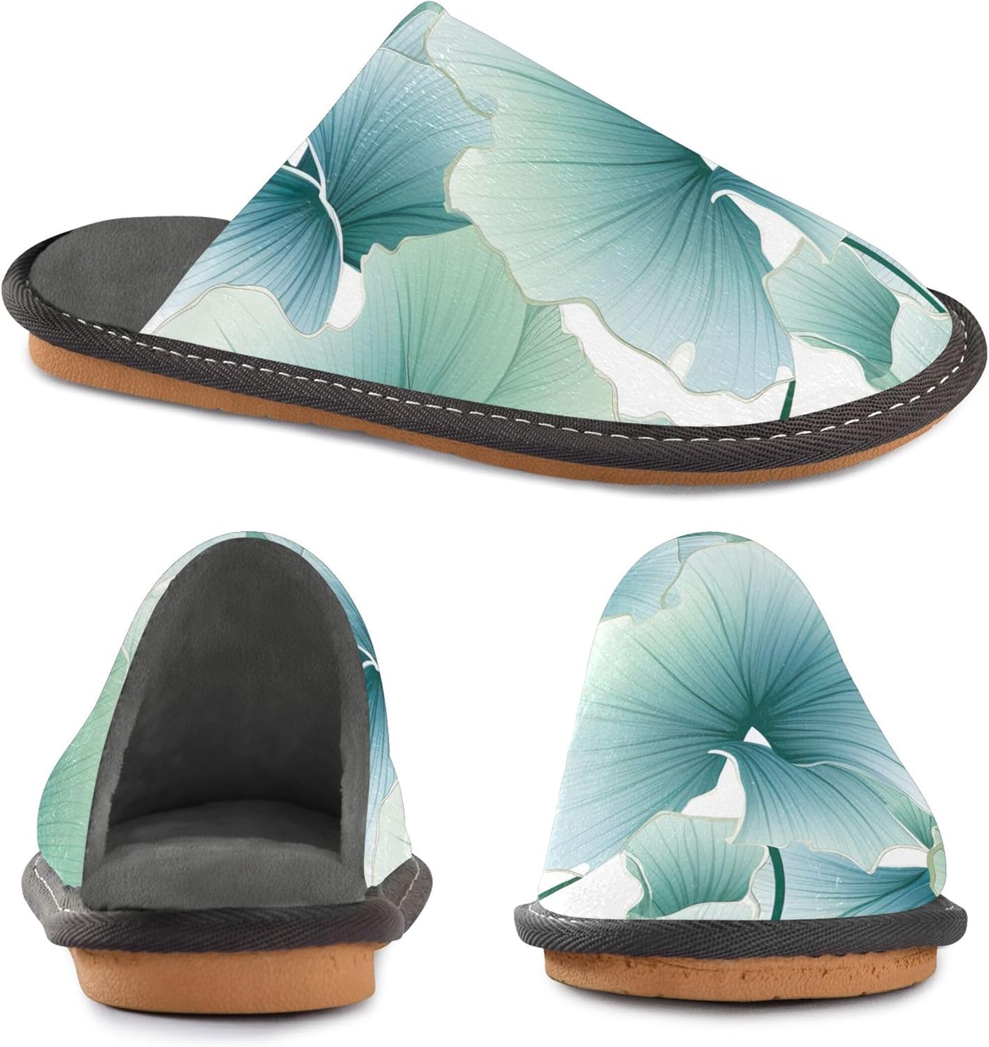 Ginkgo Biloba Green Leaf House Slippers – Cozy Fuzzy Slippers for Guests, Washable & Disposable, Perfect for Shoeless Home, Spa & Hotel Use A110116