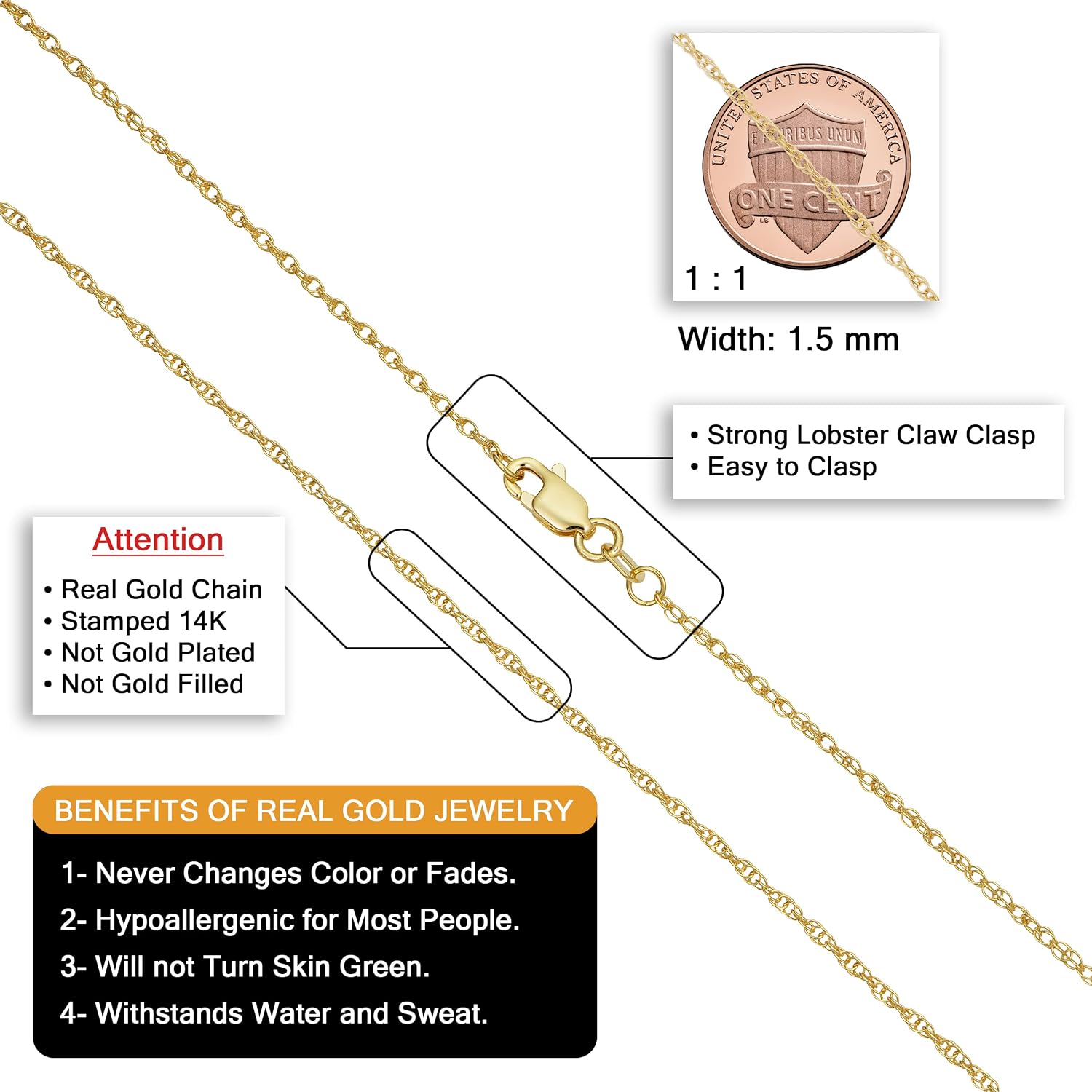 Kooljewelry Solid 14K Yellow Gold Rope Chain Necklace for Women image 2