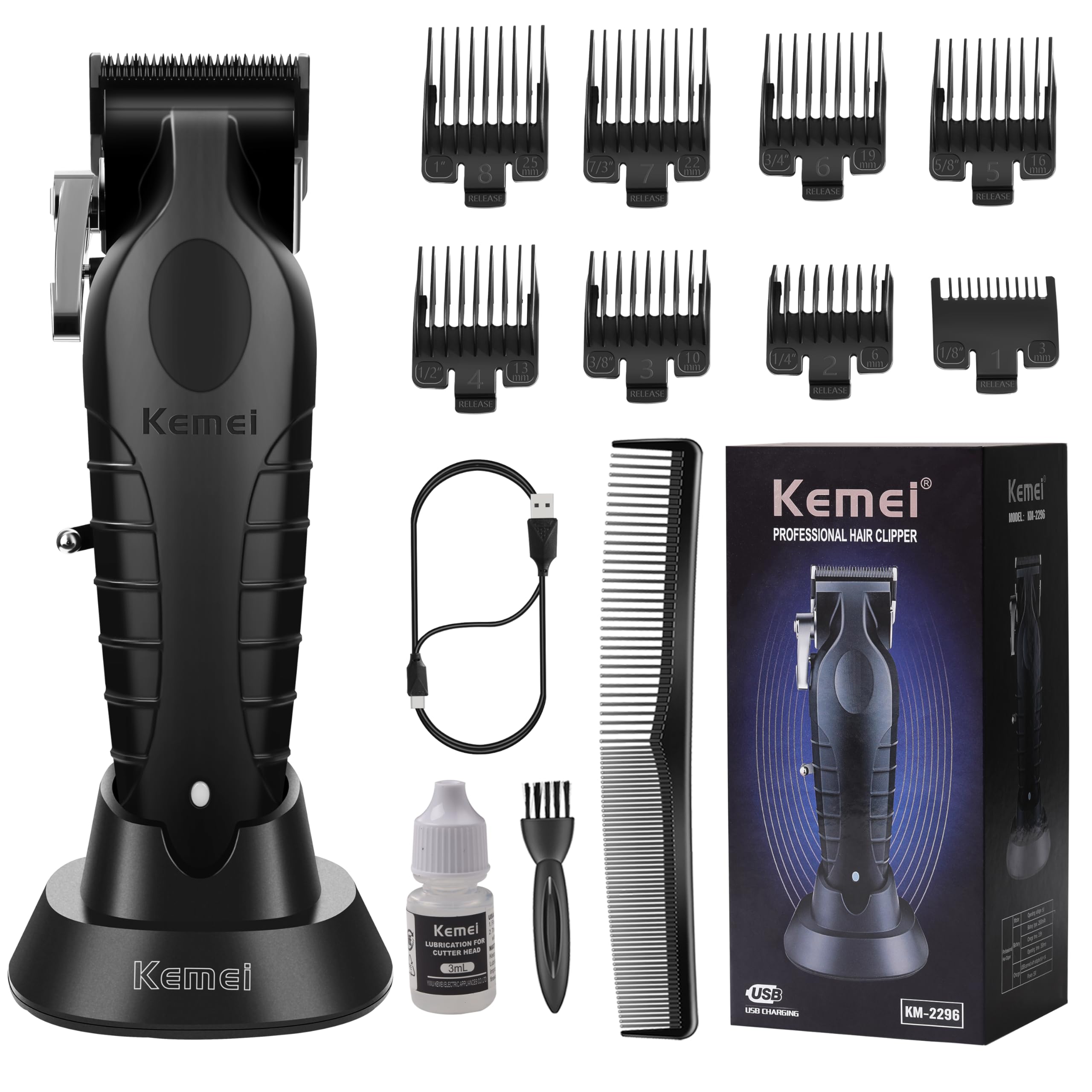 KEMEI 2296 - Tagliacapelli professionale da uomo, kit per tagliare i capelli e la barba, tagliacapelli a T Blade con USB ricaricabile, nero