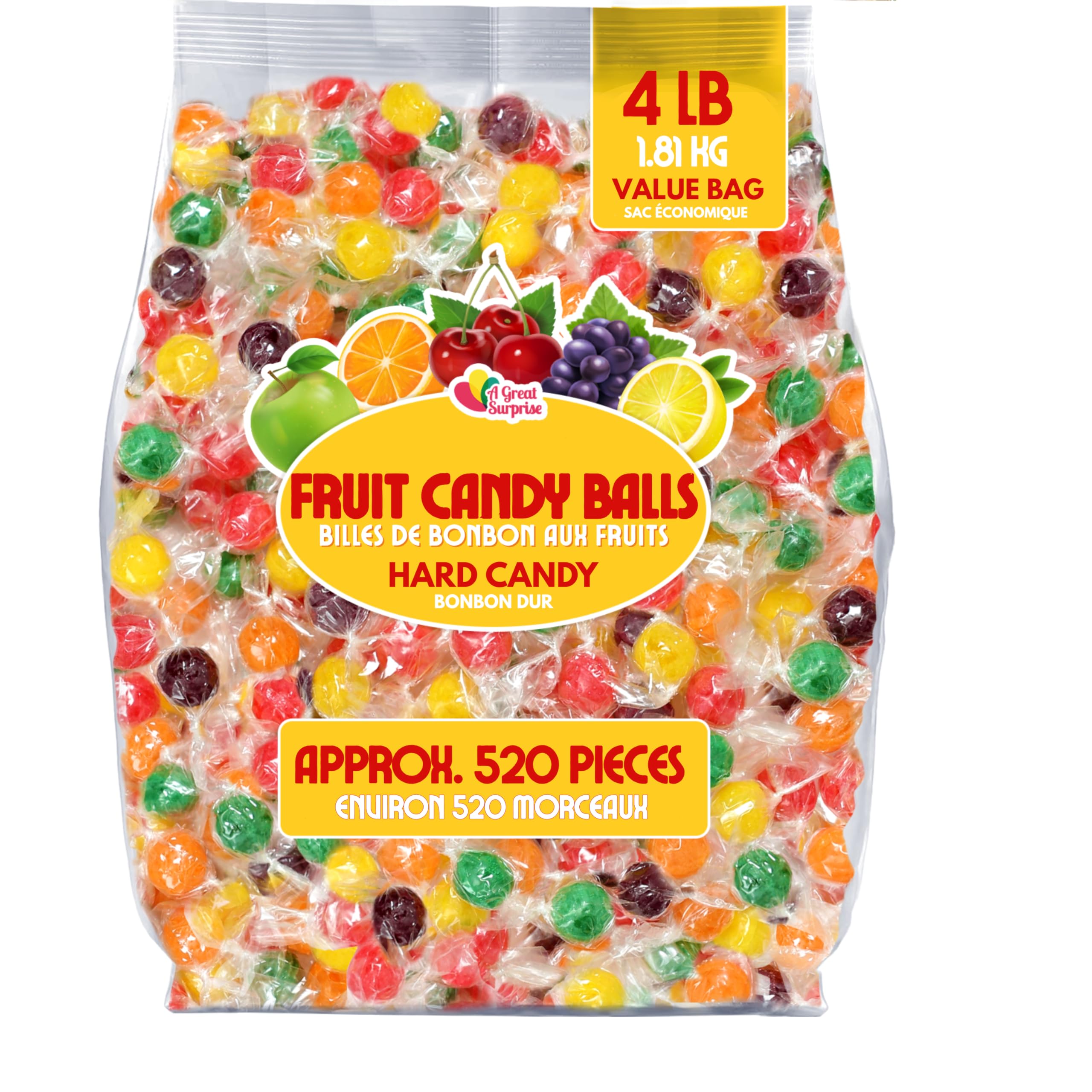 Hard Candy Fruit Balls - 4 Pounds - Fruity Sour Balls - Classic Hard Candies for Office, Desk, Calssroom - Colorful Variety Candy Suckers - Assorted Flavors Orange, Lemon, Grape, Green Apple, Cherry
