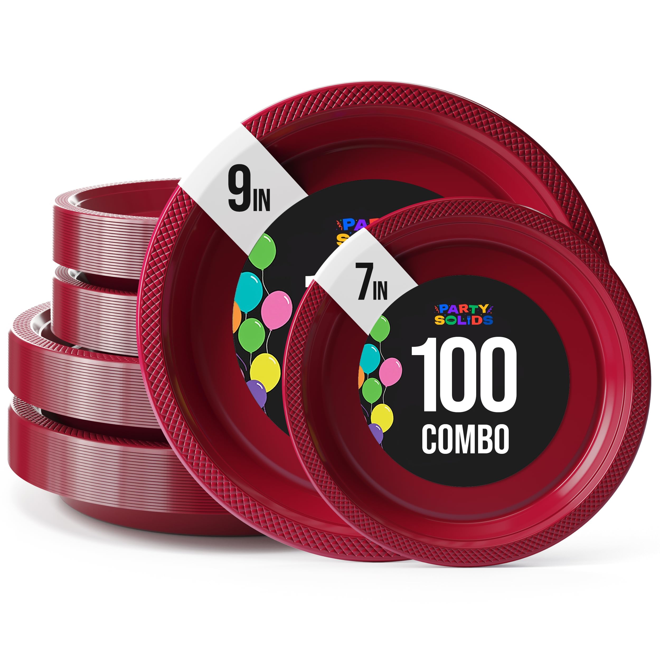 Party Solids Burgundy Plastic Plates For Party Supplies, Burgundy Disposable Plates 100 Pieces - 50-7" & 50-9" Heavy Duty 350 GSM Disposable