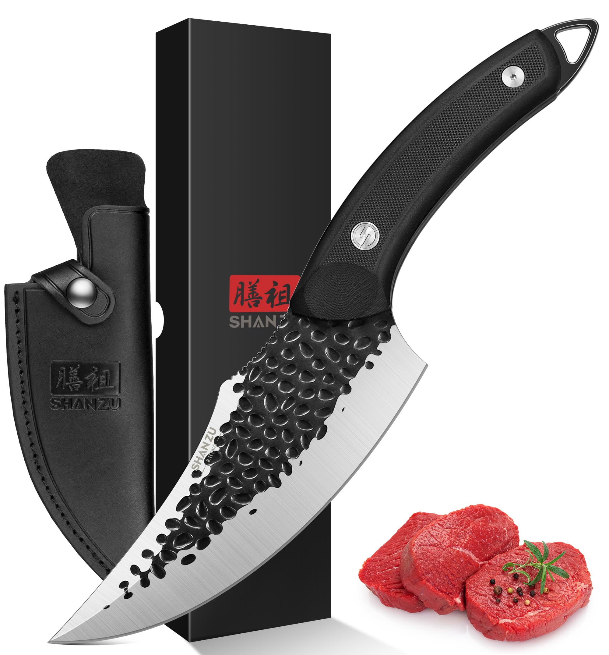 SHAN ZU Chef's Knife Handmade Forged Kitchen Knives with Leather Sheath High Carbon Steel Boning Knife Cooking Knife with Full Tang G10 Waterproof Handle, Professional Chef Knife for Home and Outdoor