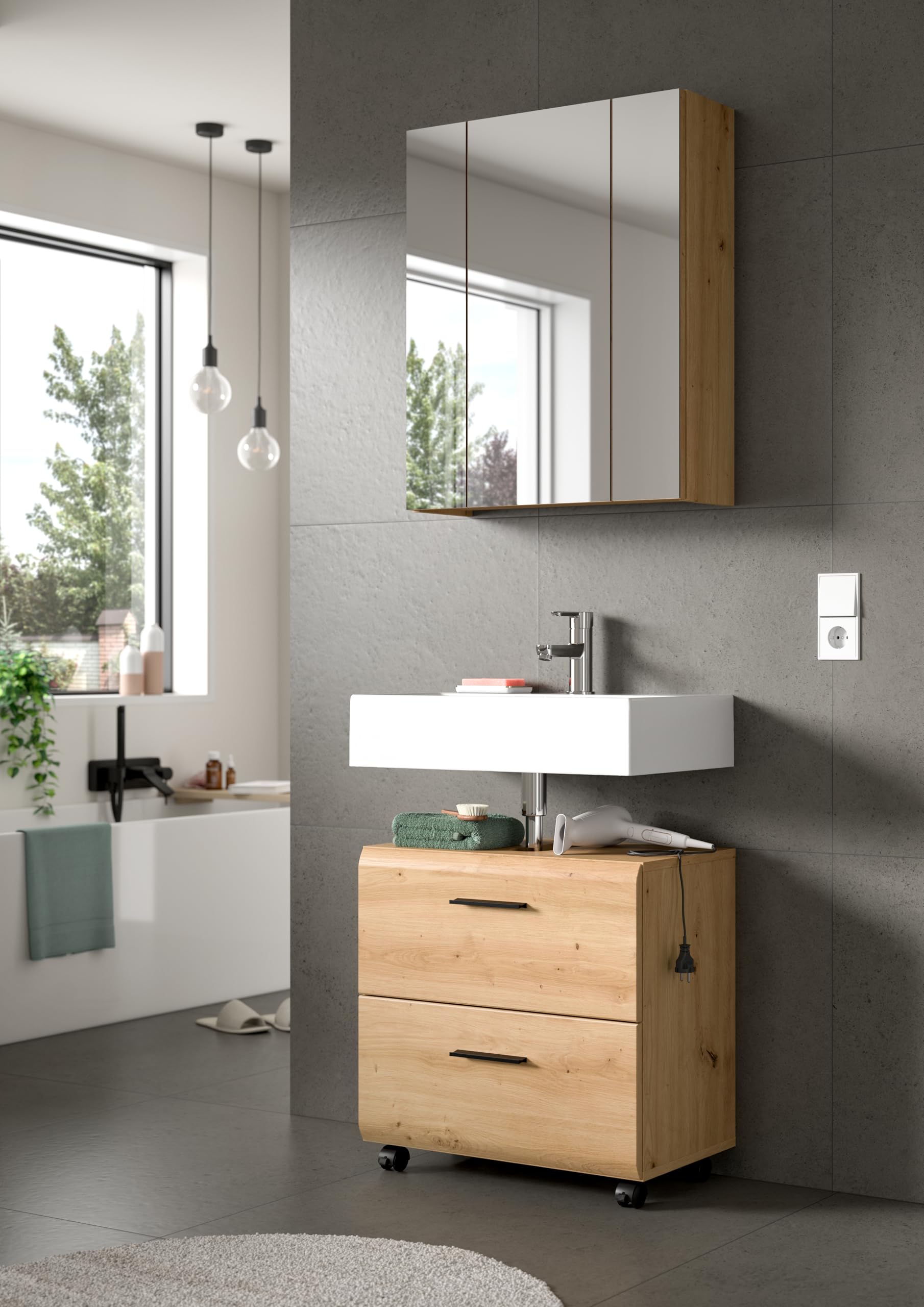 xonox.home – Waschbeckenunterschrank Ice 60x54x60 cm in Korpus und Front Artisan Oak Nachbildung – Moderner Badschrank Unterschrank für Waschbecken – warm & natürlich