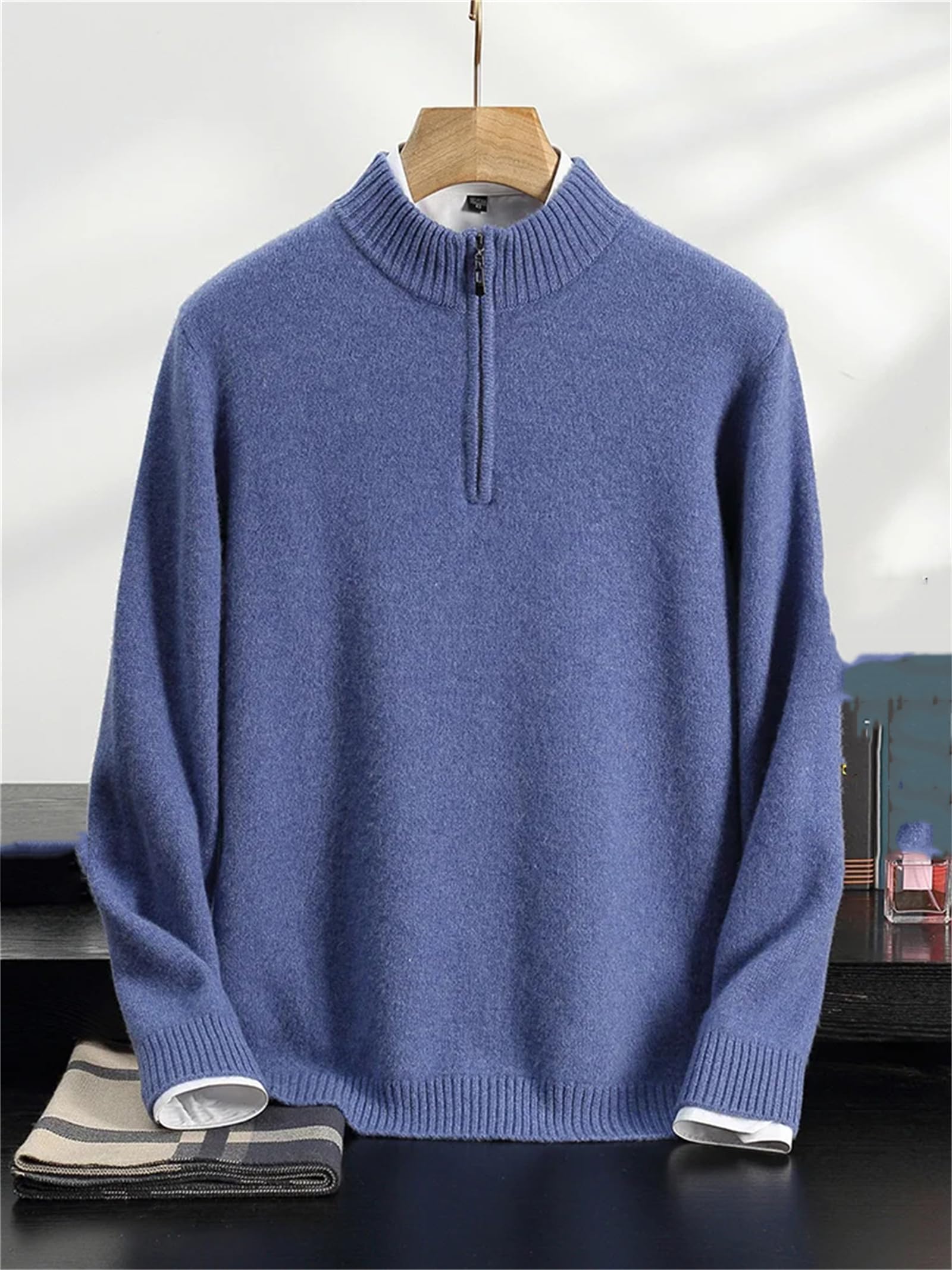 Herren Kaschmir-Pullover mit halbem Reißverschluss, Stehkragen, Winter, Kaschmir, Strickwaren, lässiger Pullover