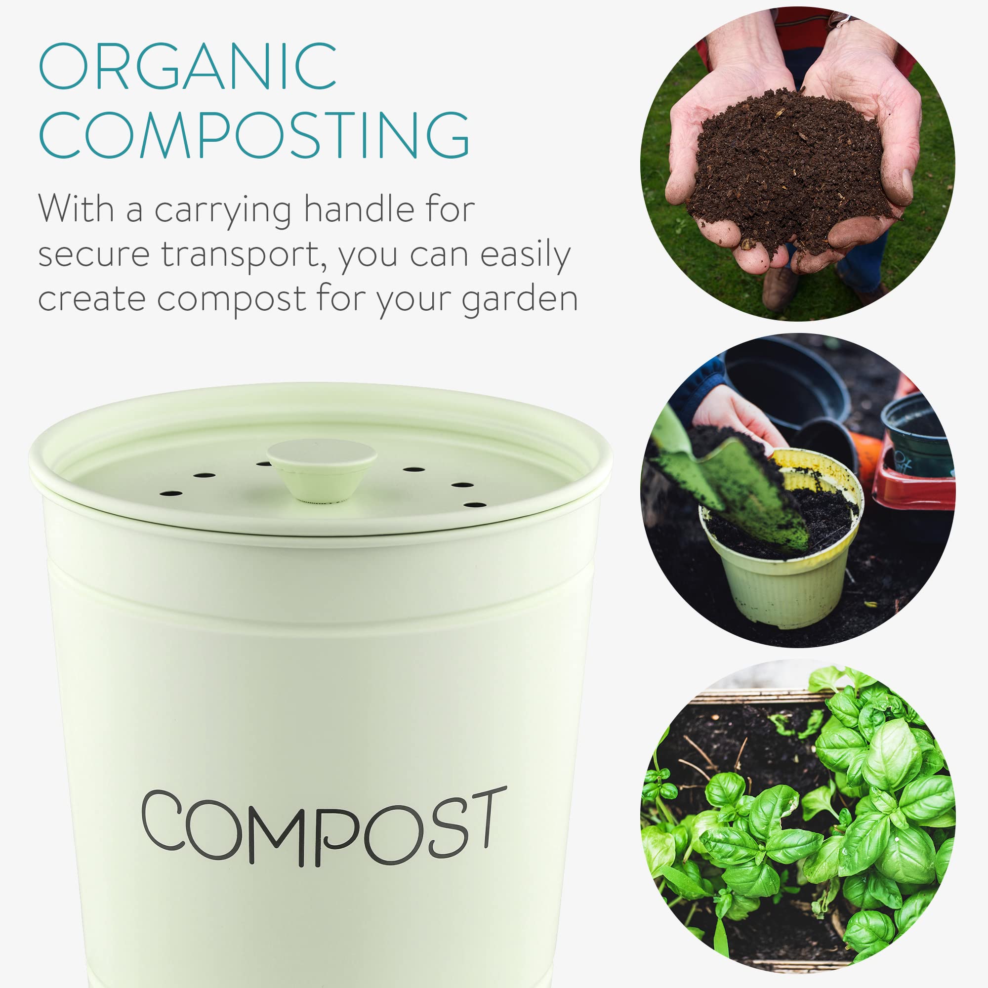 Navaris Compostiera Riciclaggio Rifiuti Organici 3L - Secchio Contenitore Umido e Scarti Alimentari - Coperchio Manico 3X Filtri Carbone Blocca-Odori