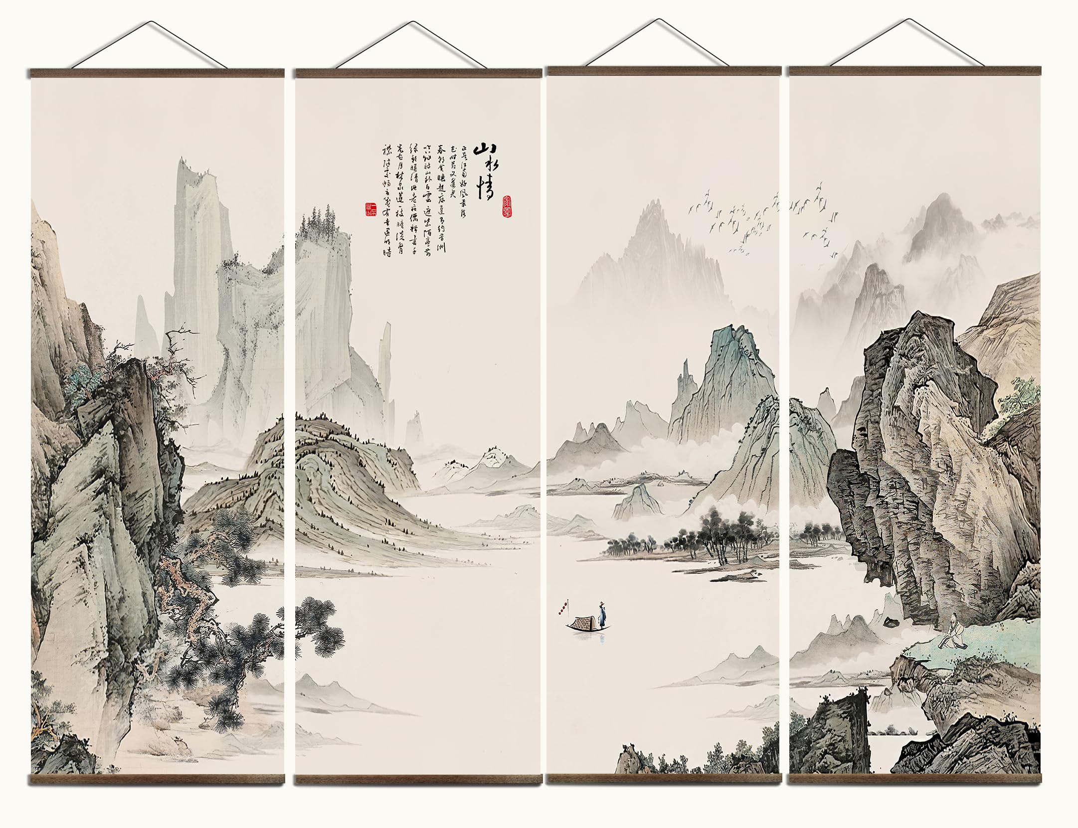 jszip Traditional Chinese Landscape Wall Art Scroll 4-Panel Mountain Water Ink Painting with Black Walnut Frame Asian Style