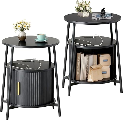 Miniatura 16 de Mesas auxiliares con almacenamiento, mesita de noche acanalada con estación de carga, pequeñas mesas de noche modernas de mediados de siglo, mesa