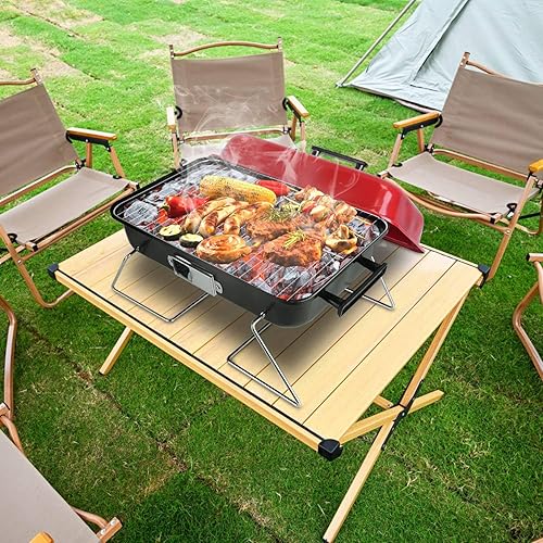 Miniatura 7 de Parrilla de carbón portátil con tapa, parrilla de barbacoa de mesa mejorada para exteriores, parrilla plegable para cocinar al aire libre, camping,