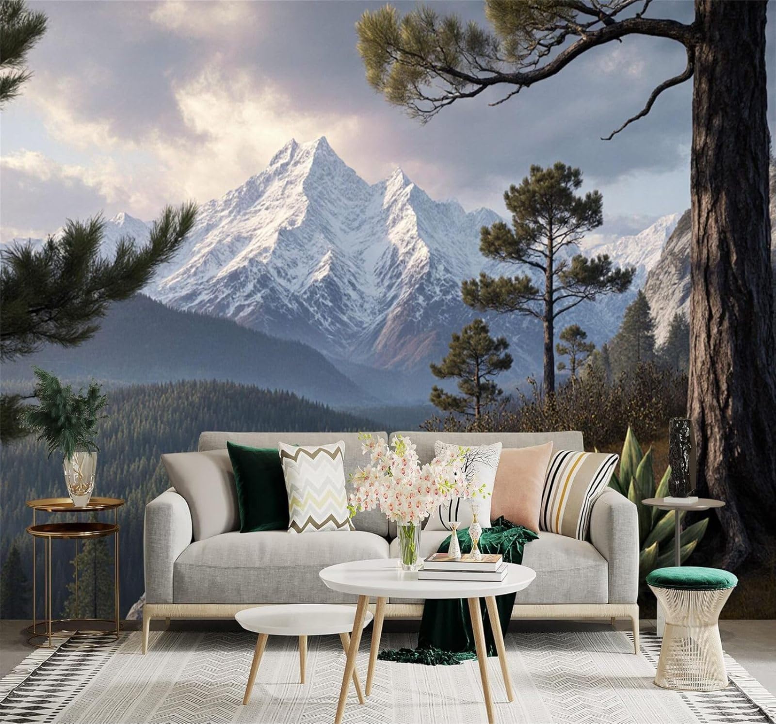 XLMING Beautiful Snow Capped Mountains Pine Trees Forest Scenery 3D Wallpaper Premium Textured Silk Study Dining Living Room Bedroom Sofa TV Wall Easy Install-430cm×300cm
