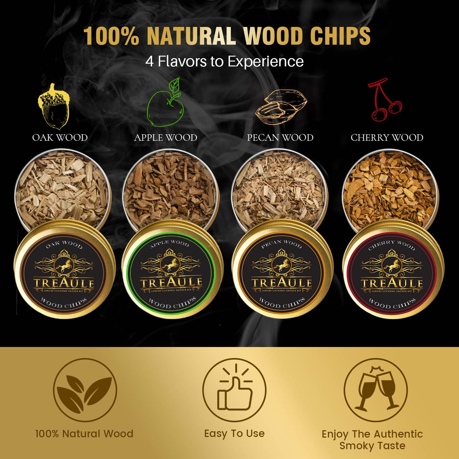 TREAULE Old Fashioned Smoker Kit – Luxury Cocktail Smoker Kit with Torch Lighter, 4 Flavors Wood Chips for Cocktail Smoker, 2 Whiskey Rocks – Elegant and Practical Whisky Gifts for Men