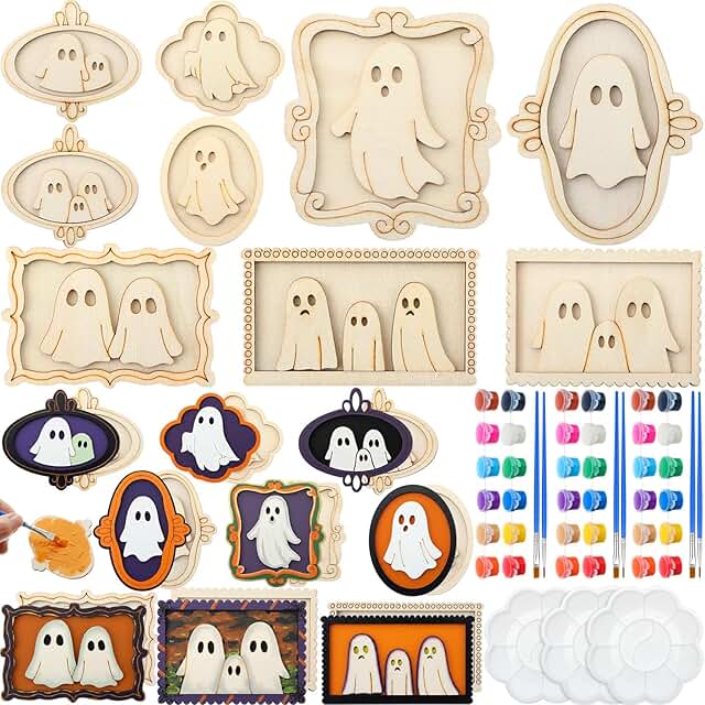 Weysat 27 Pcs Wooden Halloween Crafts Kits Ghost Painting Framed Craft D...