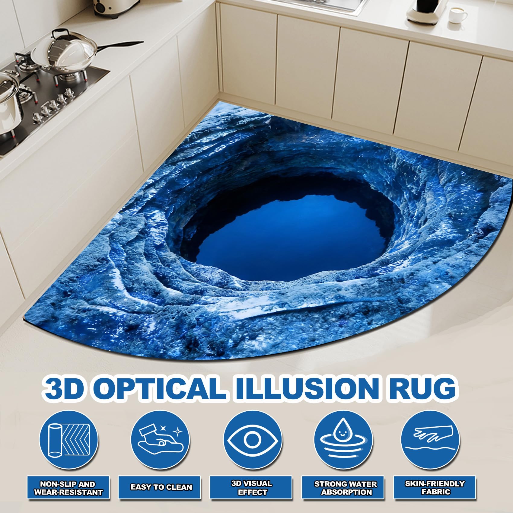 F, 90 cm, trójkątny narożny dywanik kuchenny można prać, antypoślizgowy dywanik wodny, 3D iluzja optyczna, dywany, komfortowa, miękka gumowa mata pod umywalkę, mata do łazienki i sypialni