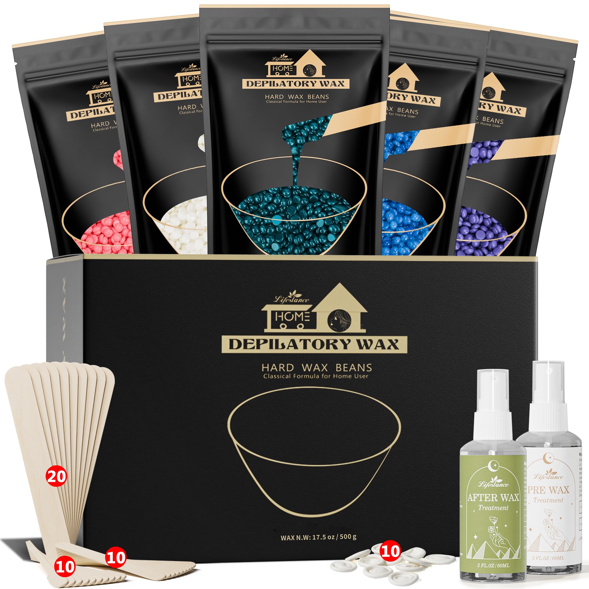 LifestanceWax Beads Set, 5 Kinds of Waxing Beads, Hard Wax Beans with 57 Items Silicone Spatulas, Perfect for Any Waxing Warmers, Wax Beads for Hair Removal for Bikini Underarm Face Body