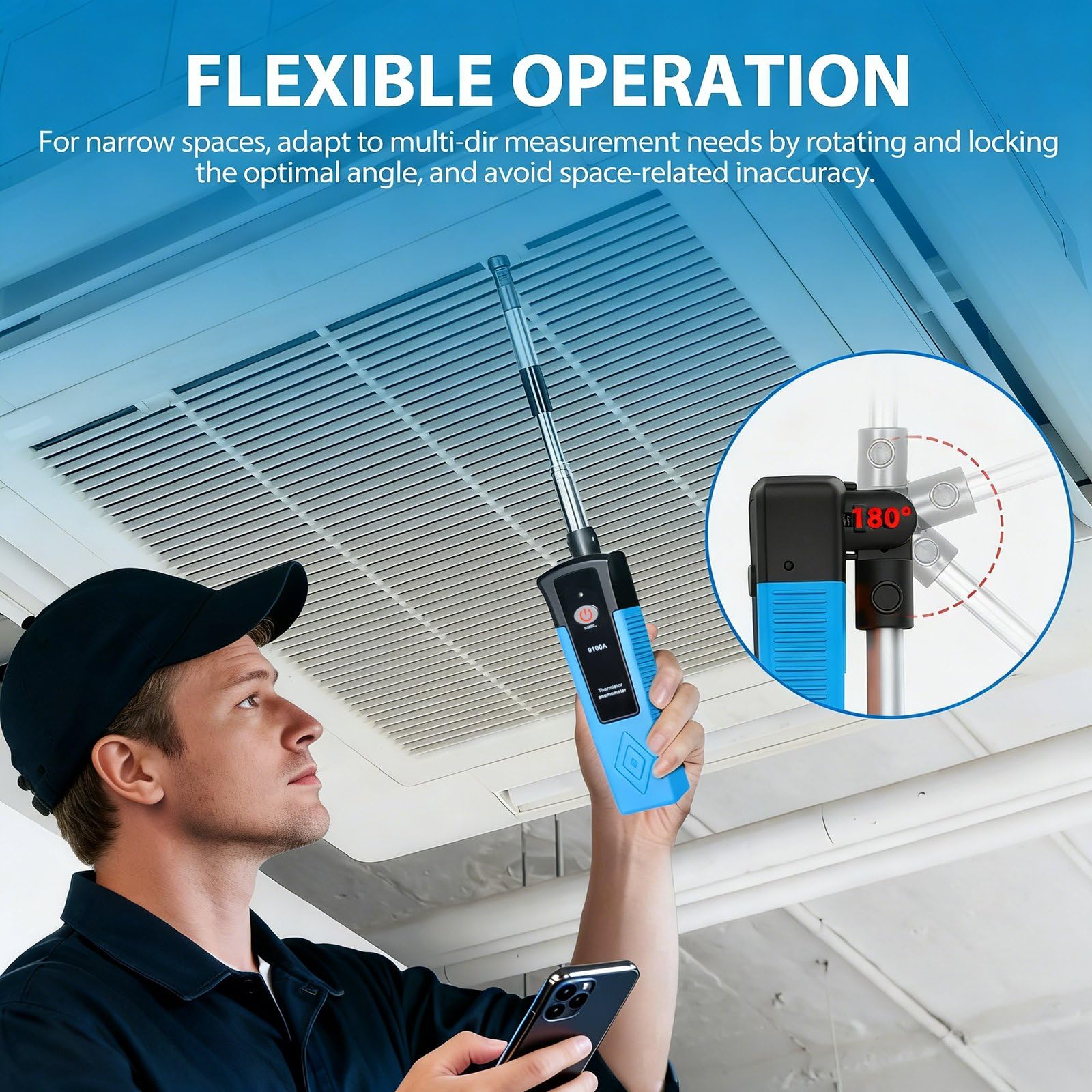 Anémomètre à fil chaud portable Bluetooth avec sonde télescopique, mesure débit d'air CFM 1-99,5 mph, température
