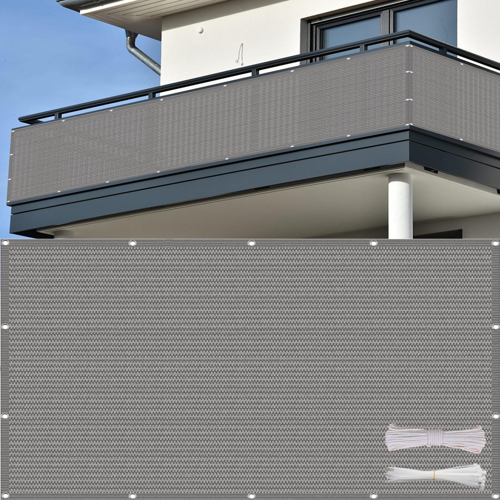 Rete Ombreggiante 90 x 700 cm in HDPE 220G ㎡, Permeabile, Anti-Uv, Frangivento, Protezione Solare, Frangivisto Balcone Protezione con Fascette e Funi para Jardín Exterior, Grigio