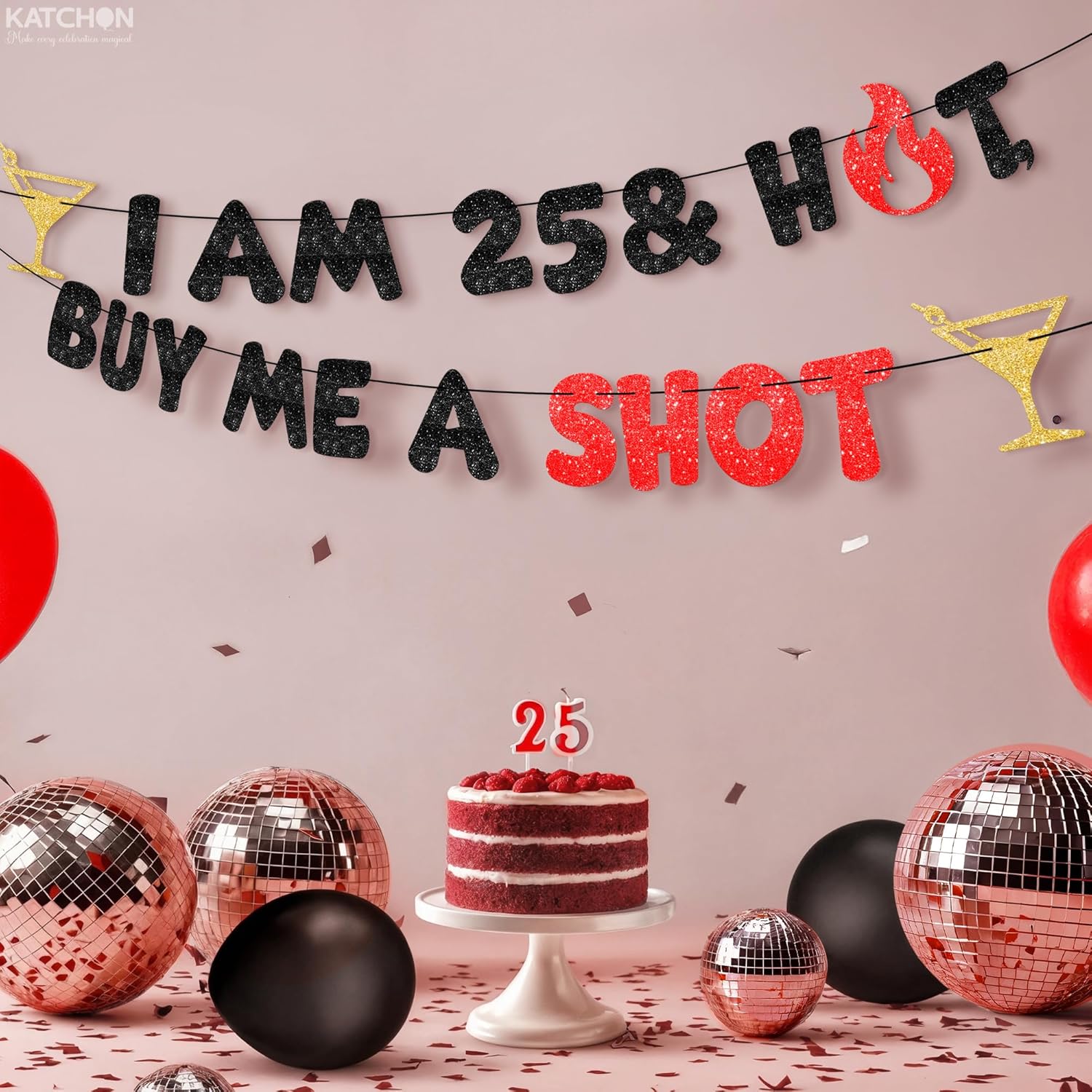 KatchOn, Glitter Custom Birthday Banner – DIY Numbers, 10 feet | I Am [Age] & Hot Buy Me A Shot Banner | Black and Red Personalized Birthday Banner | 18th 21st 25th 30th 40th 50th Birthday Decorations