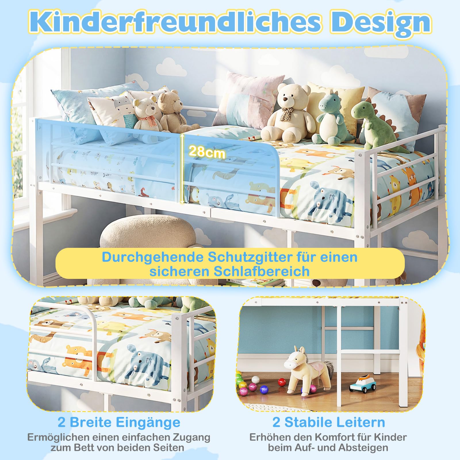 COSTWAY Hochbett 90x200 cm, Kinderbett mit Sicherheitsgeländern & 2 Leitern, Kinderhochbett platzsparend mit Stauraum unter dem Bett, Bettrahmen für Jungen & Mädchen (Weiß)